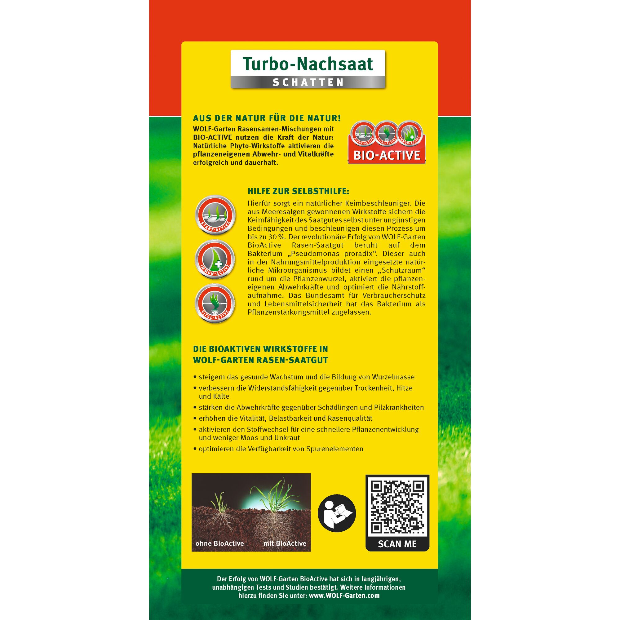 Product packaging for WOLF-Garten Turbo-Nachsaat Schatten (lawn seed for shady areas). Features a red and yellow design with information about BIO-ACTIVE components, benefits of the seed, and instructions. Includes a QR code for more details and comparison photos showing the difference with and without BioActive.