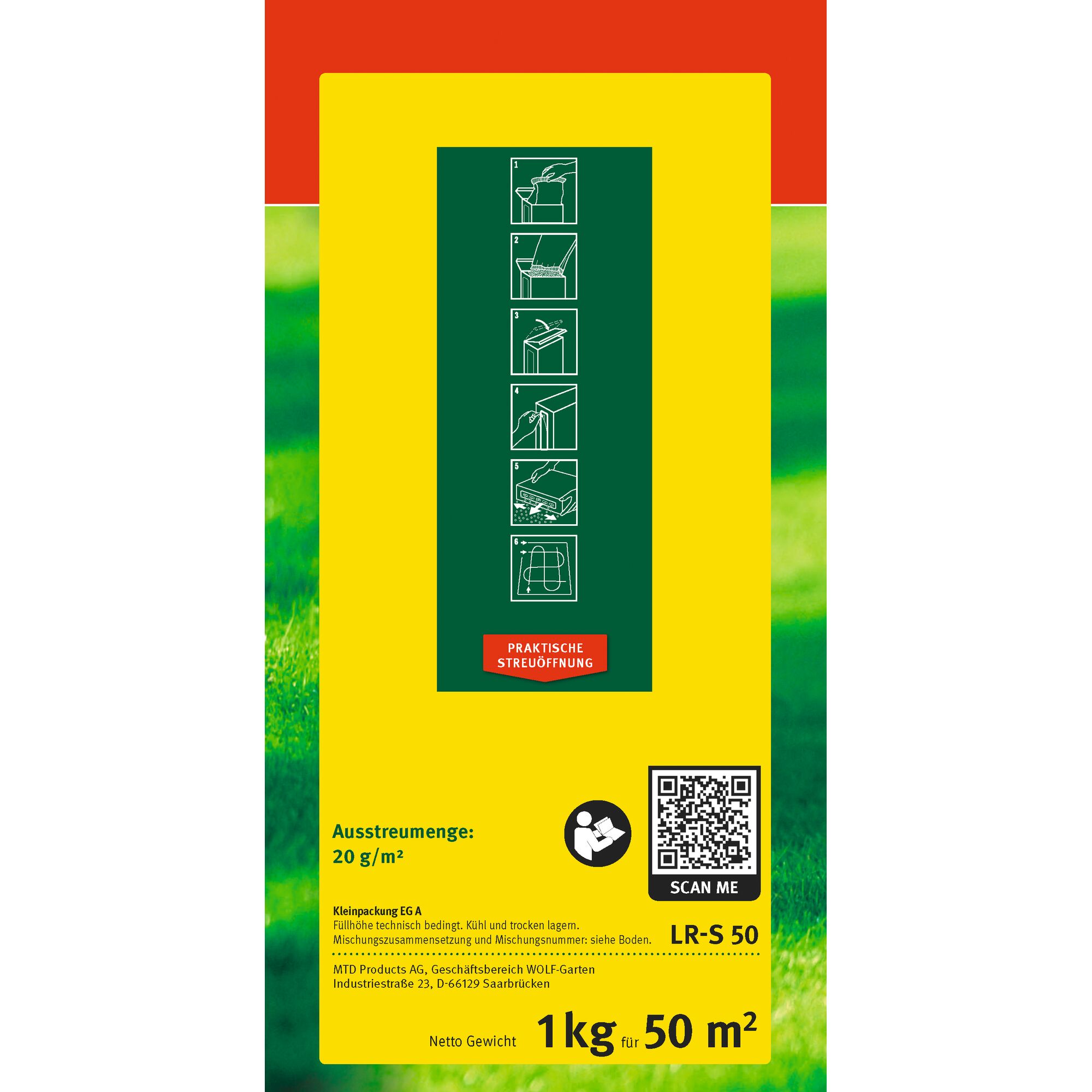 A rectangular product package for WOLF-Garten LR-S 50, featuring a yellow, red, and green design. The front displays instructions for use with simple line icons, a QR code labeled 'Scan Me', application rate information of 20 g/m², net weight of 1 kg for 50 m², and German text about product details and storage instructions.