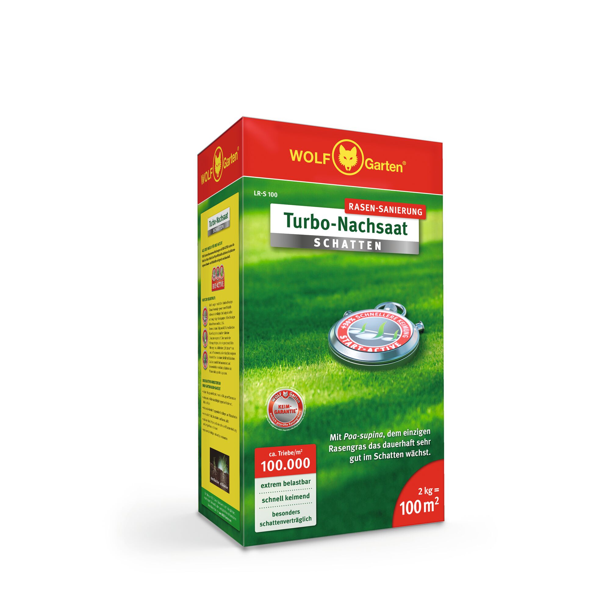 A box of WOLFGarten Turbo-Nachsaat Shadow lawn seed, designed for lawn restoration in shady areas. The packaging features a green lawn background, brand logo, and product information such as coverage area of 100 m² (2 kg), high density, fast germination, and shade tolerance.