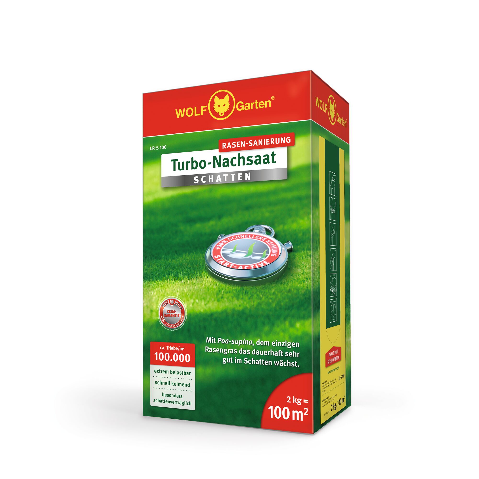 A box of WOLFGarten Turbo-Nachsaat lawn seed for shade areas, featuring green and red packaging with product details highlighted, including coverage for 100 square meters and a 2 kg weight.