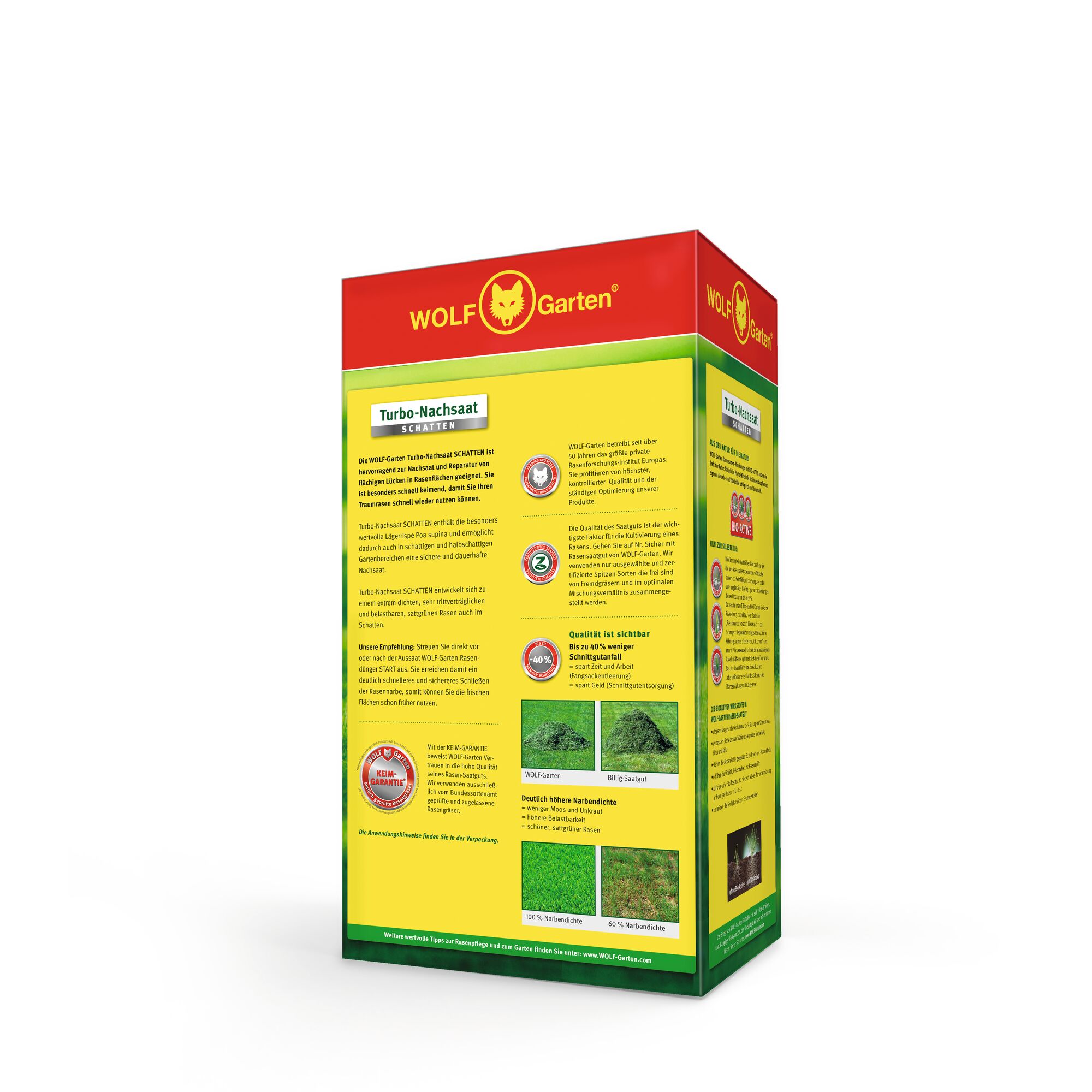 A rectangular box of WOLF-Garten Turbo-Nachsaat Schatten grass seed. The packaging features a red top with the WOLF-Garten logo and yellow panels with information and images about the product’s quality and lawn results. Text on the box highlights the product’s benefits for shaded areas and includes comparison photos of lawn outcomes.