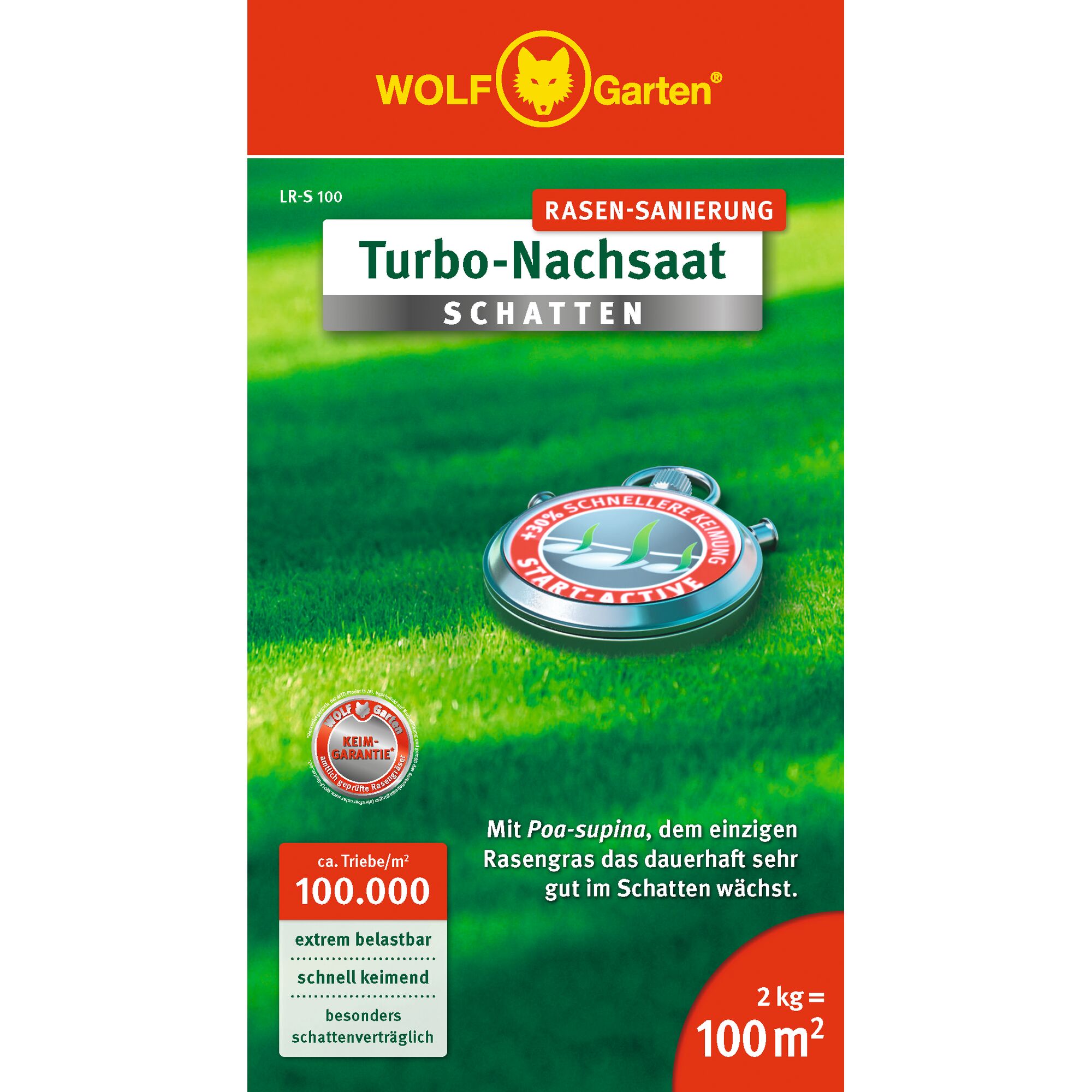 Front view of a WOLFGarten Turbo-Nachsaat Schatten lawn seed box for lawn renovation, designed for shaded areas. The packaging features a stopwatch, grass field, and product details including 100,000 shoots per square meter, especially shade-tolerant, quick-germinating and durable. The pack covers 100 square meters with 2 kg of seeds.