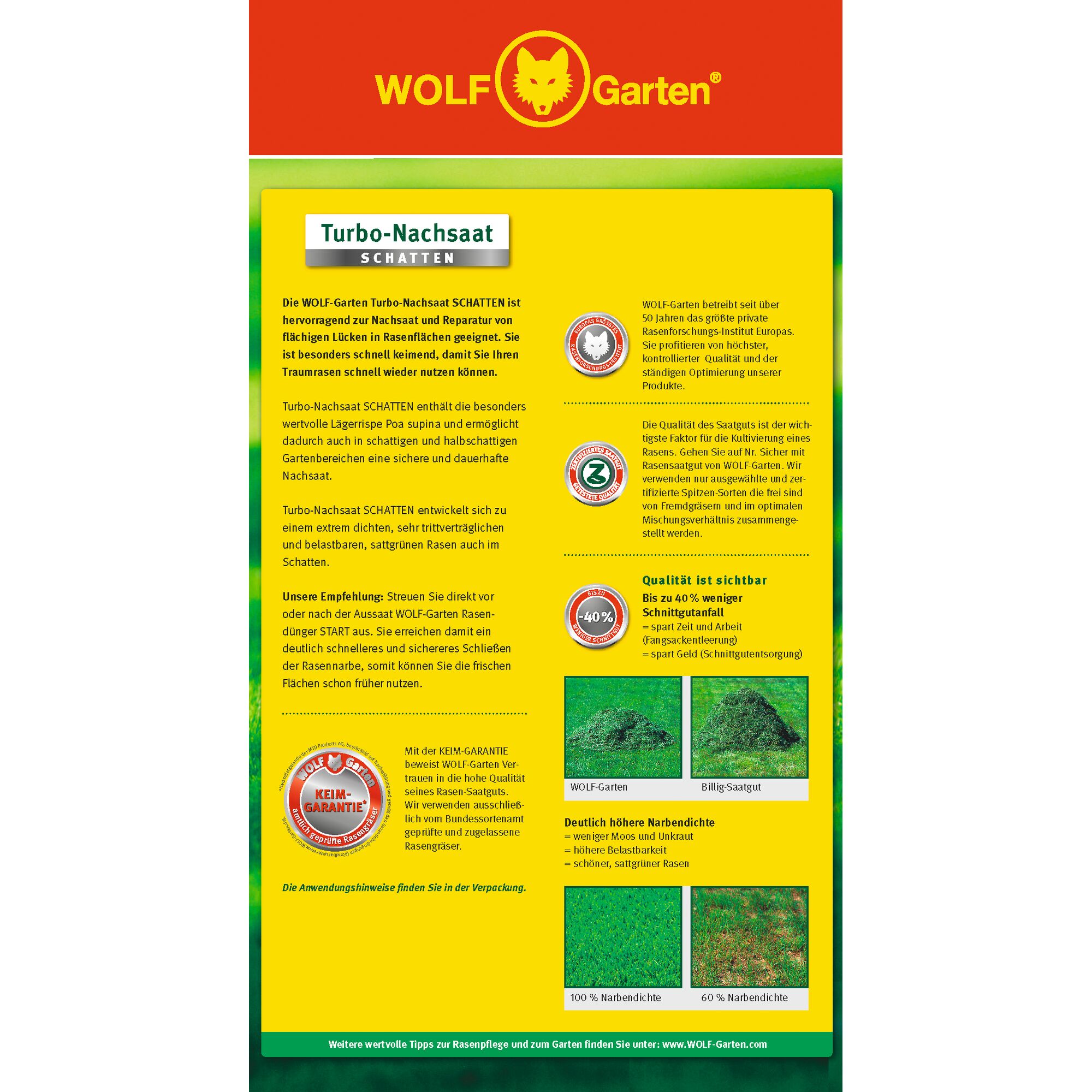 Back packaging of WOLF-Garten Turbo-Nachsaat SCHATTEN grass seed for shaded areas. The design includes product information in German, warranty highlights, quality benefits, usage recommendations, and comparison photos of lawn density. The top section has the red and yellow WOLF-Garten logo, and the main text explains the seed's effectiveness in repairing and renewing lawns in shadowed garden areas.