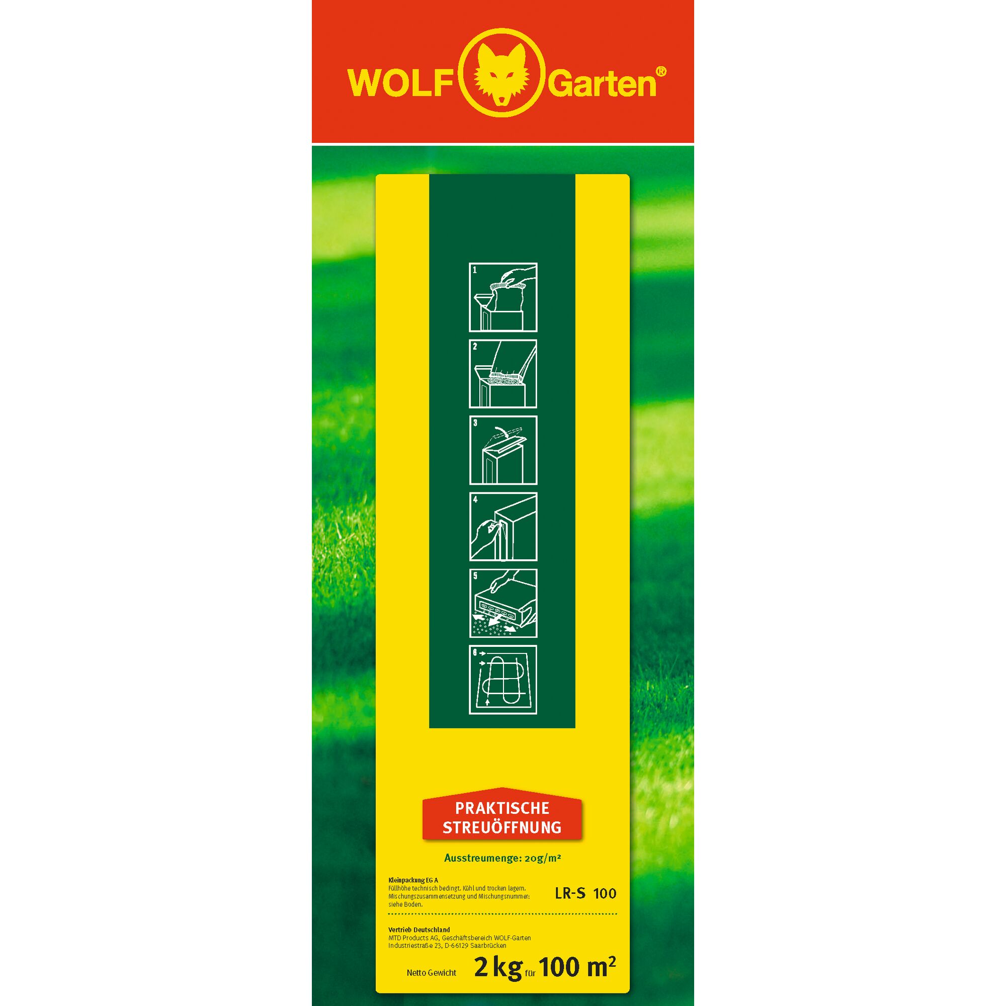 WOLFGarten product packaging for a lawn care product, featuring the brand logo at the top in red and yellow. The packaging displays illustrated instructions on how to use the product, with six steps shown in white line drawings on a green background. There is a yellow border, and at the bottom, text in German describes a practical spreading opening, usage amount, the LR-S 100 model, and coverage for 100 square meters with 2 kg.