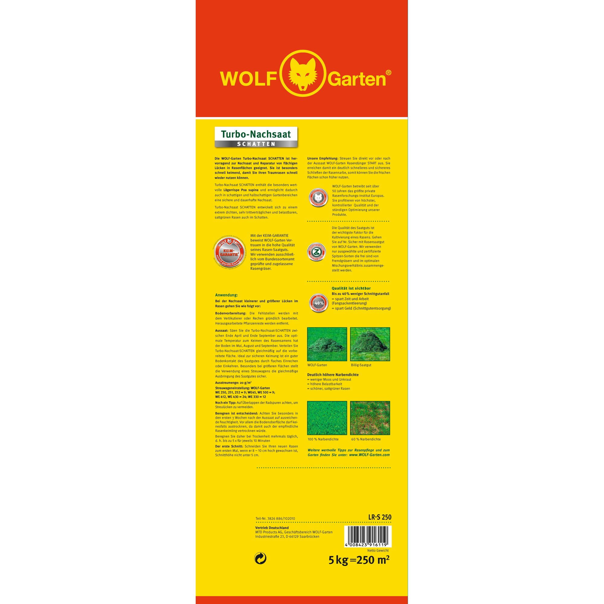 Product packaging for WOLF Garten Turbo-Nachsaat Schatten, a grass seed mix for shaded areas. The packaging is mainly yellow with red accents, features the WOLF Garten logo at the top, and includes detailed instructions and product information in German. The text describes the uses, benefits, and application methods for the grass seed, and there are small images showing lawn results.
