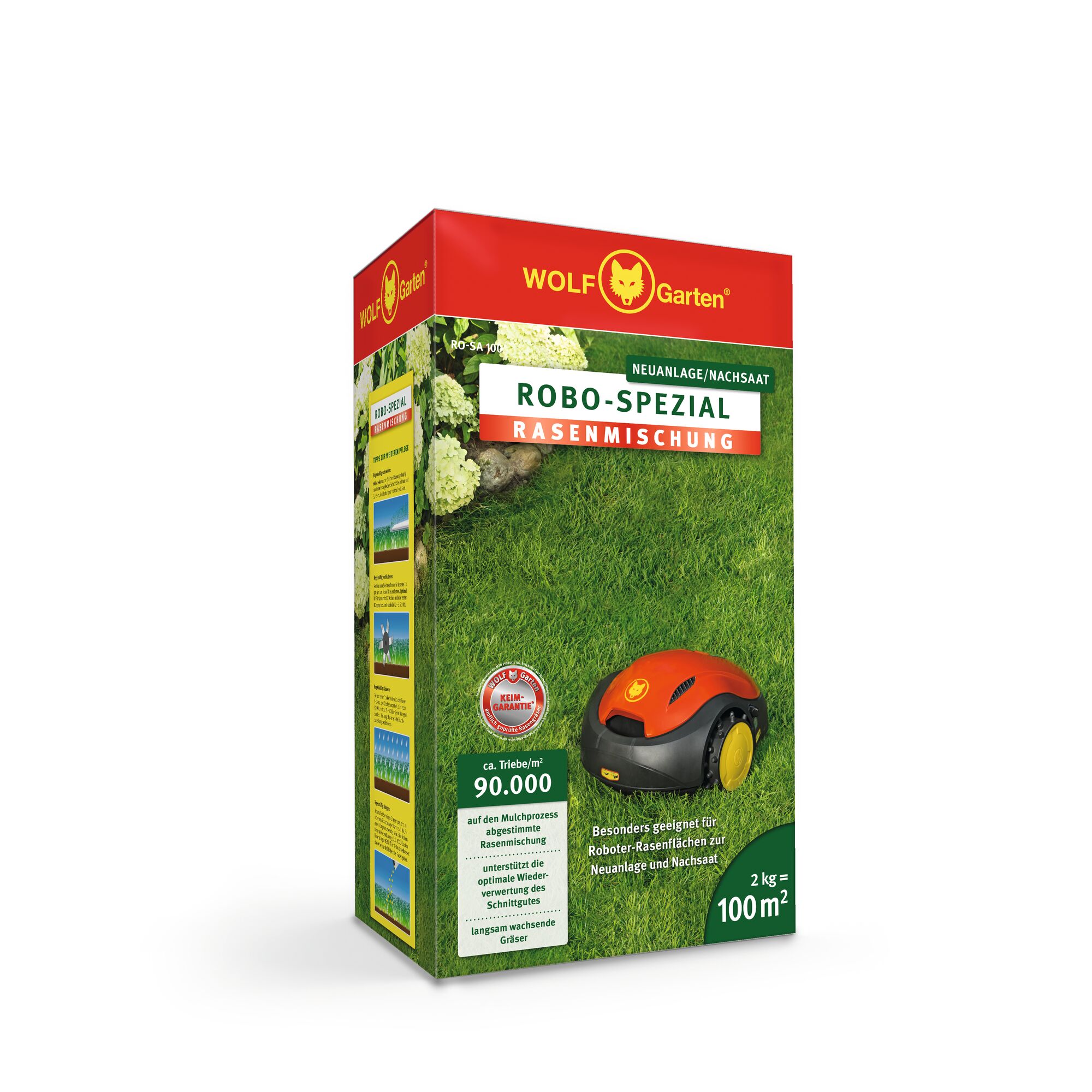 A package of WOLF Garten Robo-Spezial lawn seed mixture, designed for robotic lawn mowers. The box is red and green, featuring an image of a robotic mower on grass and various product information in German.