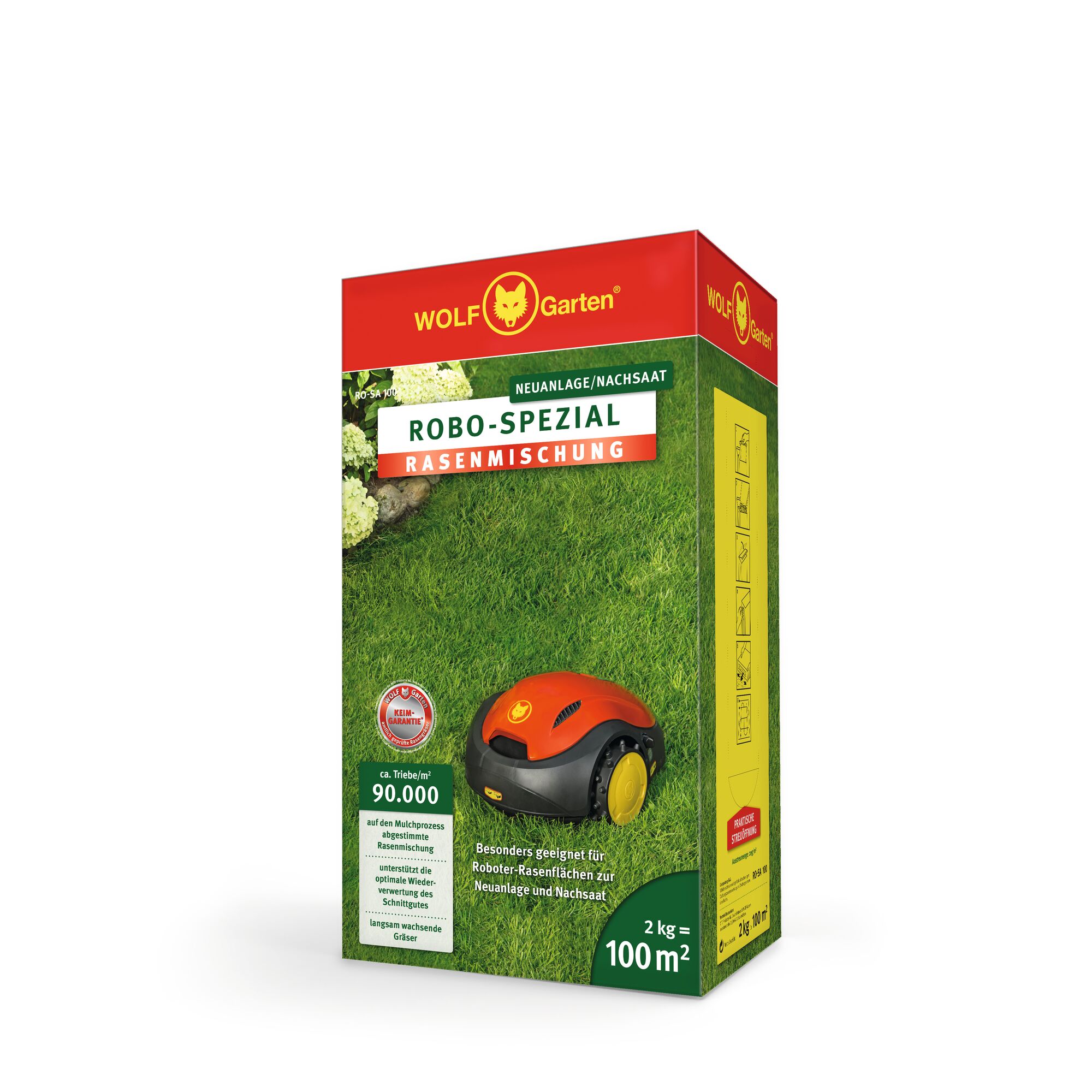 A box of WOLF Garten Robo-Spezial lawn seed mixture, designed for robotic lawnmower areas. The packaging is red and green, features a robot lawnmower image on grass, and indicates coverage for 100 m² with a 2 kg weight.