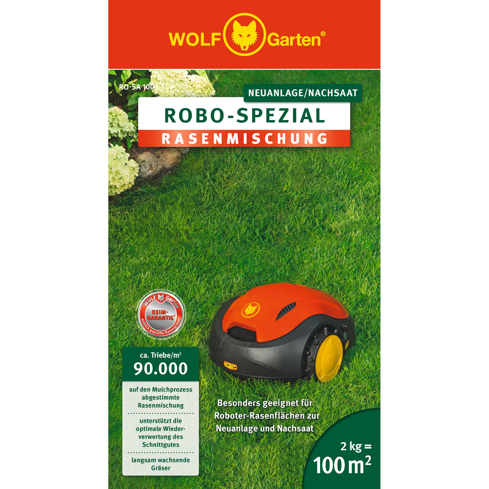 Front view of a WOLF-Garten ROBO-SPEZIAL grass seed mix product package. The packaging is mostly green with the brand's red and yellow logo at the top and shows a robotic lawn mower on green grass. The text highlights that this seed mix is suitable for robotic-mowed lawns, for new lawns and reseeding. The package also notes a coverage of 2 kg = 100 m².