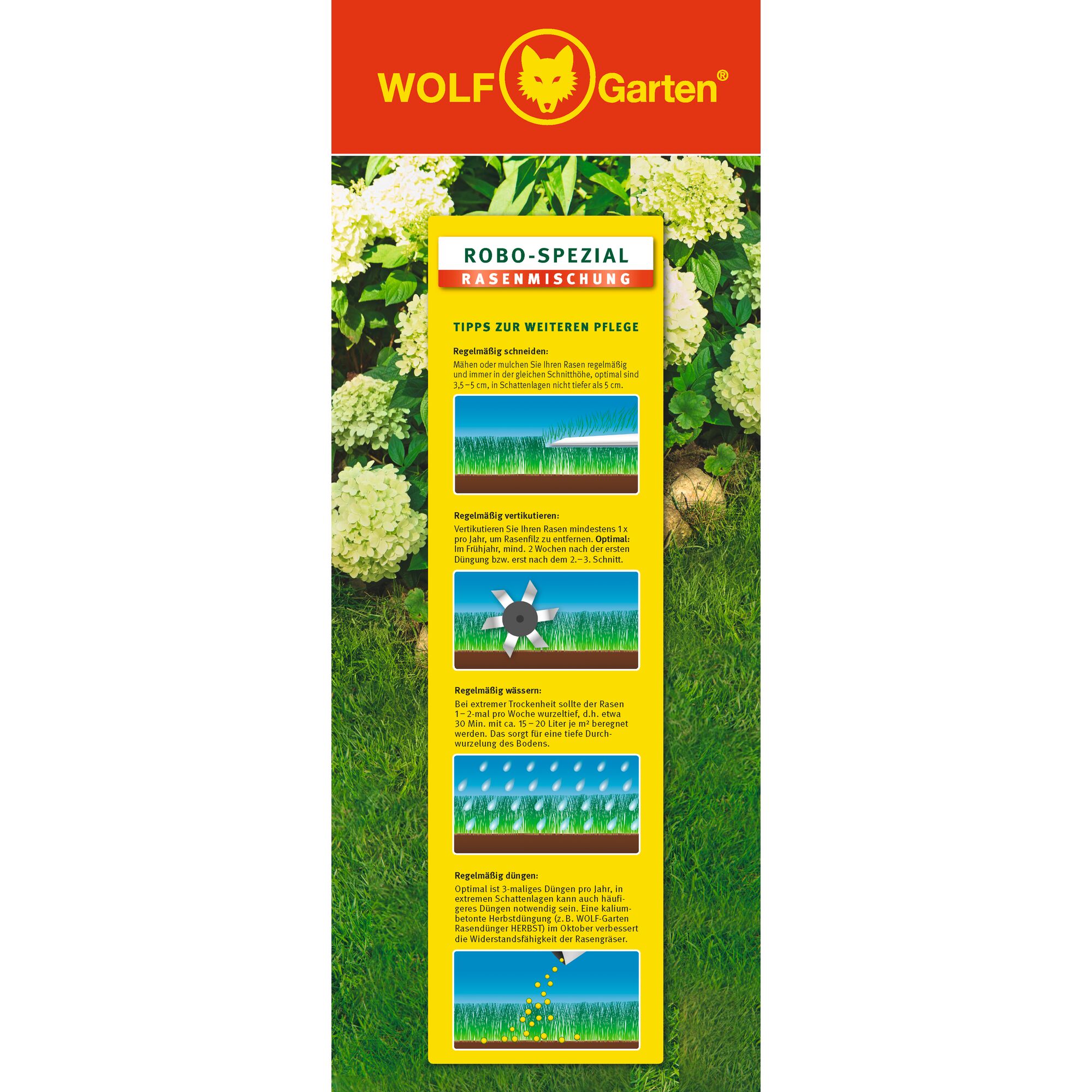 Vertical product packaging of WOLF Garten ROBO-SPEZIAL lawn seed mixture. The packaging displays care tips for lawns with illustrated steps for mowing, aerating, watering, and fertilizing. The background features green grass and blooming white hydrangea flowers. The top section shows the WOLF Garten brand logo on a red banner.