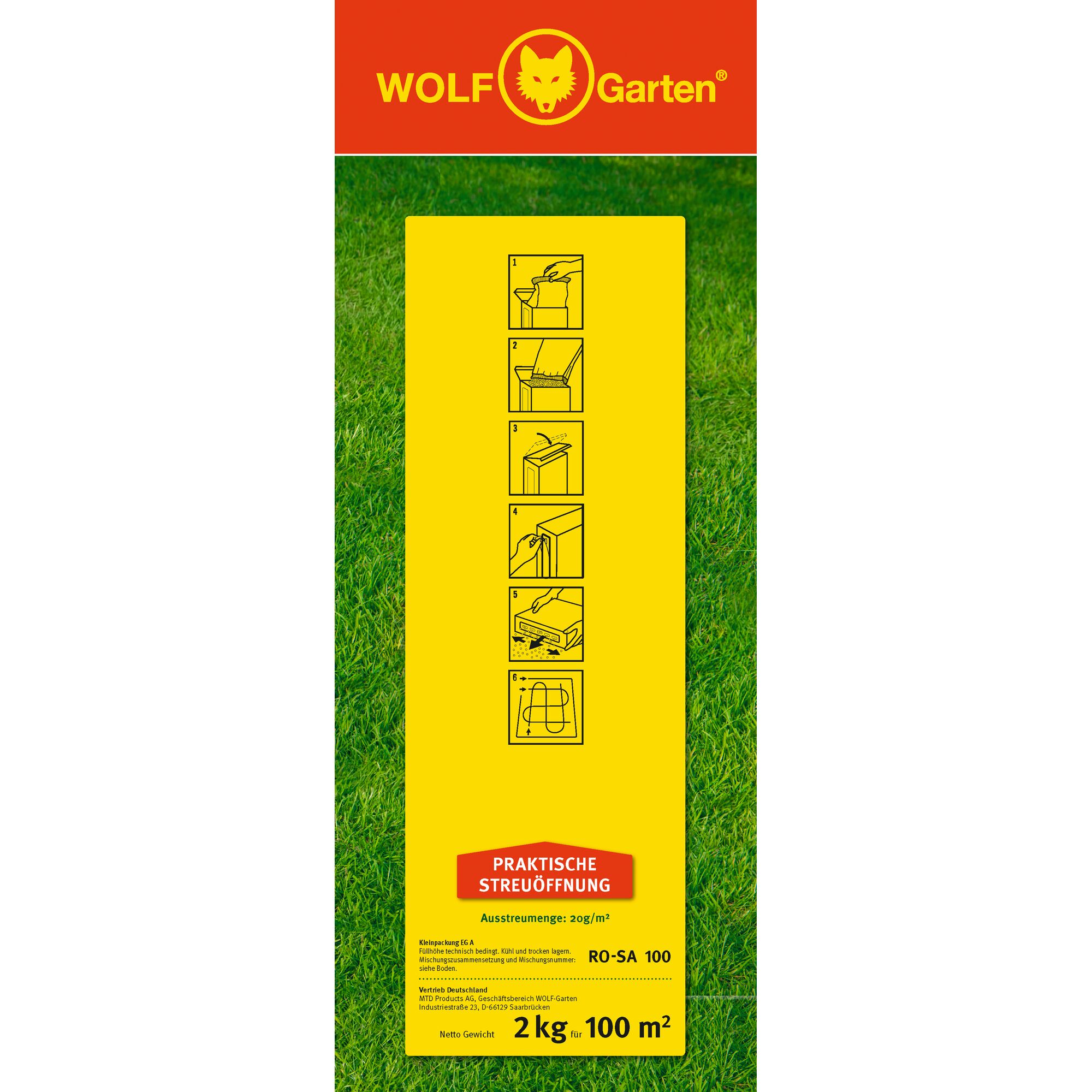 Product packaging for WOLF Garten RO-SA 100, featuring a bright yellow panel with illustrated instructions for use. The packaging includes the WOLF Garten logo at the top, instructions for spreading, and details indicating the product covers 100 square meters with 2 kg. The background shows green grass.
