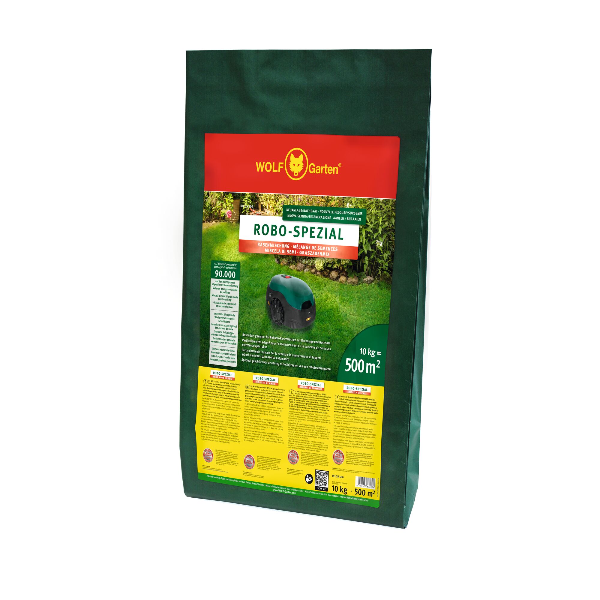 A green bag of WOLF-Garten ROBO-SPEZIAL lawn seed mix, suitable for robotic mowers. The packaging shows a robotic mower on a lawn and contains 10 kg, enough for about 500 square meters.