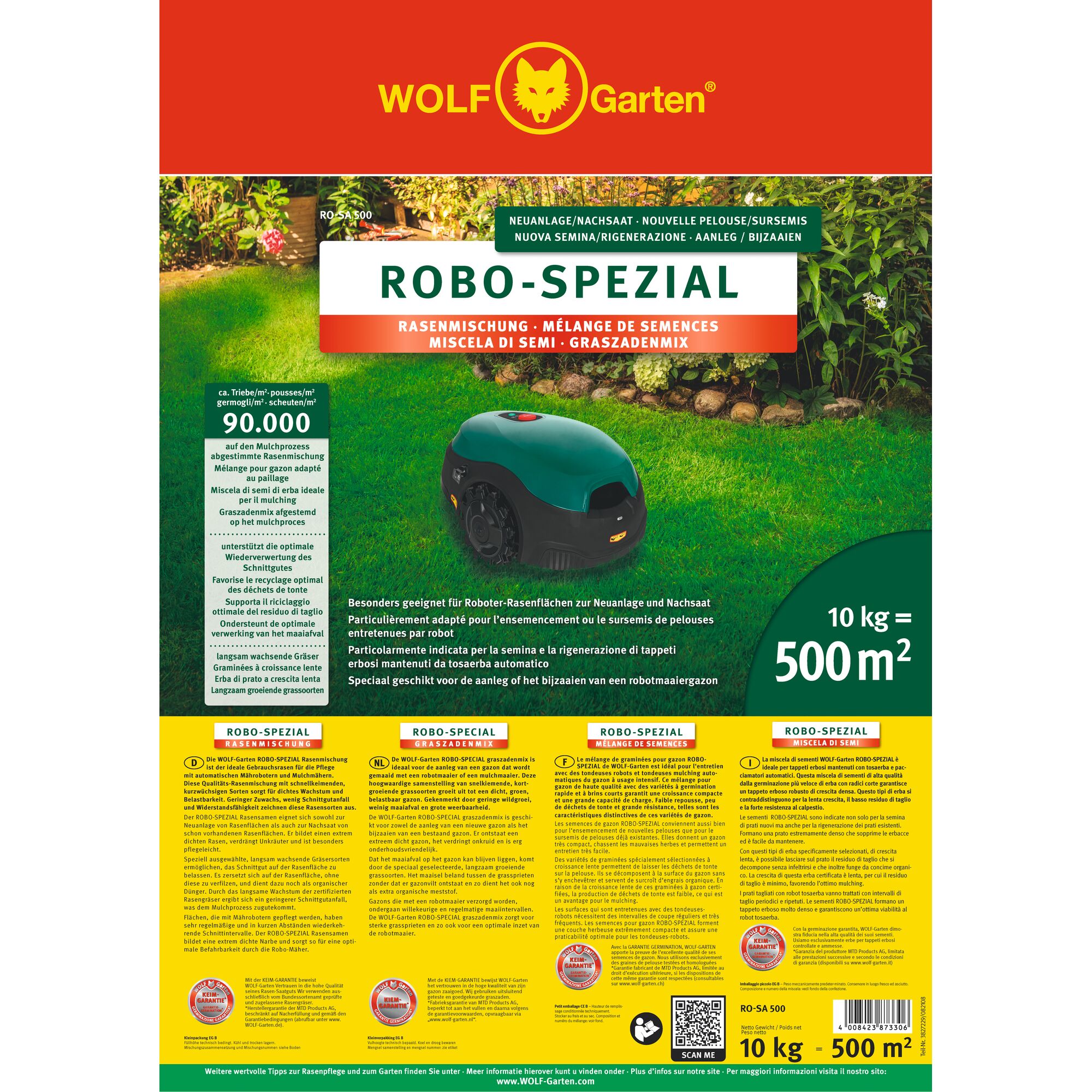 Front packaging of WOLF Garten ROBO-SPEZIAL grass seed mix, designed for lawns maintained by robotic lawnmowers. The package includes multilingual text, a picture of a robotic mower on a lawn, and highlights coverage for 500 square meters with a 10 kg quantity.