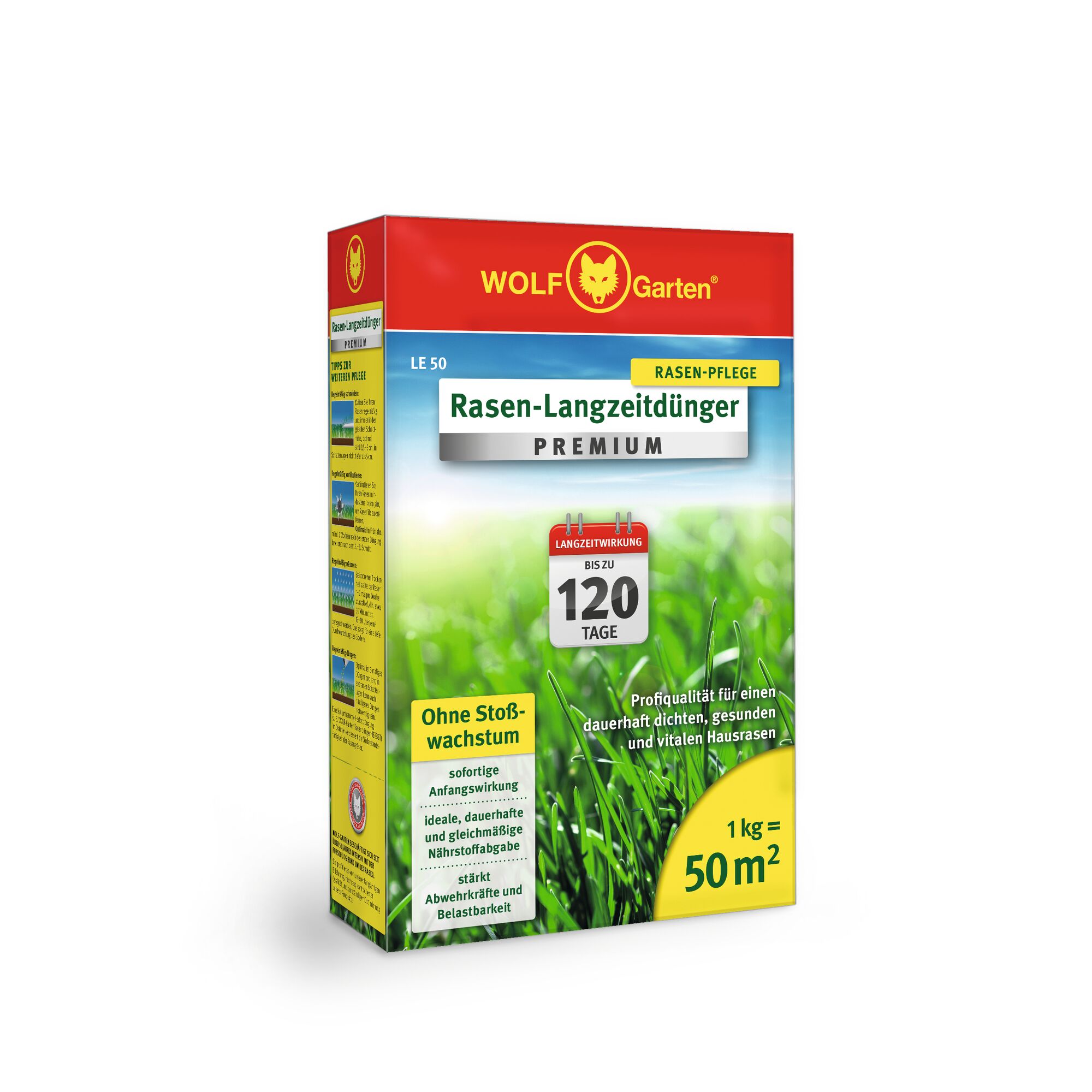 A box of WOLF Garten Rasen-Langzeitdünger Premium lawn care fertilizer, designed for long-lasting effects up to 120 days, covering 50 square meters with 1 kg. The packaging is mainly red, yellow, and green, displaying grass imagery and product details in German.