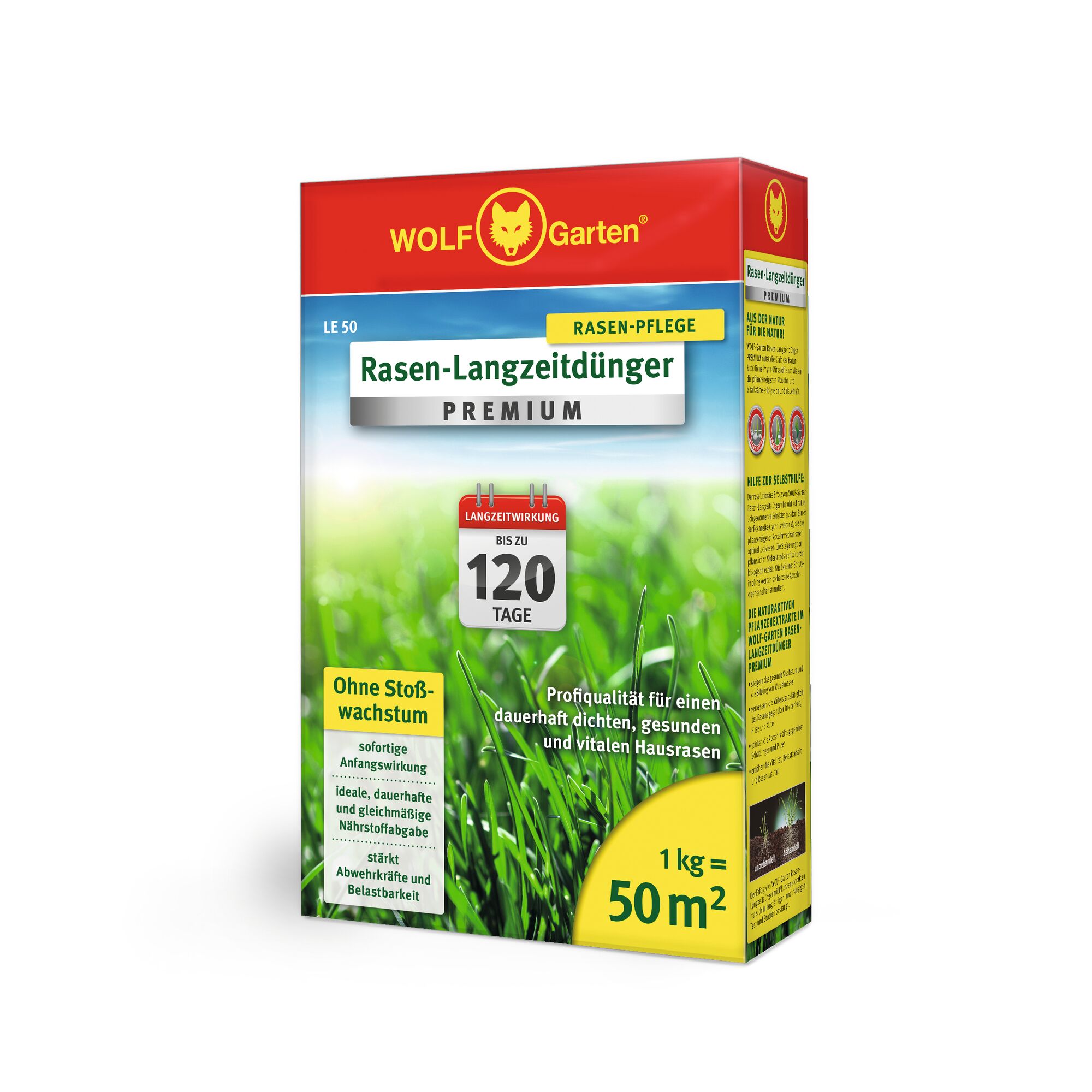 A box of WOLFGarten Rasen-Langzeitdünger Premium lawn fertilizer. The packaging is red and yellow, featuring blades of grass and details about long-lasting effect (up to 120 days), covering 50 square meters with 1 kg. The product is designed for dense, healthy, and vital home lawns.