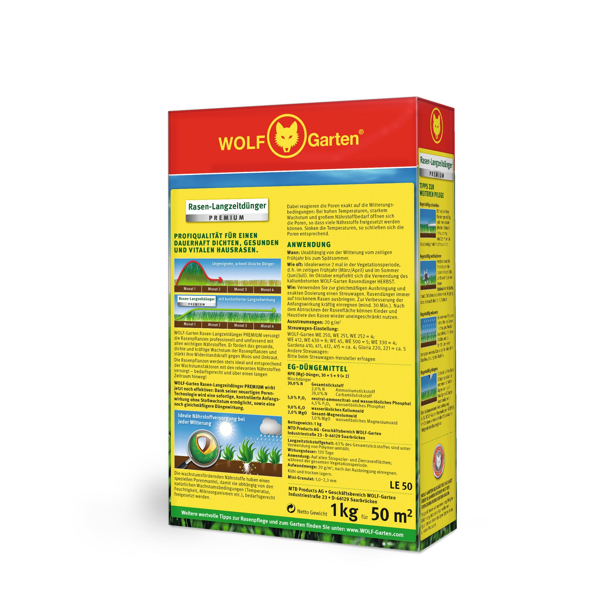 A box of WOLFGarten Rasen-Langzeitdünger Premium lawn fertilizer, displaying detailed product information in German. The packaging is predominantly yellow with red accents and features the WOLFGarten logo at the top. The box states that it contains 1 kg, suitable for 50 square meters.