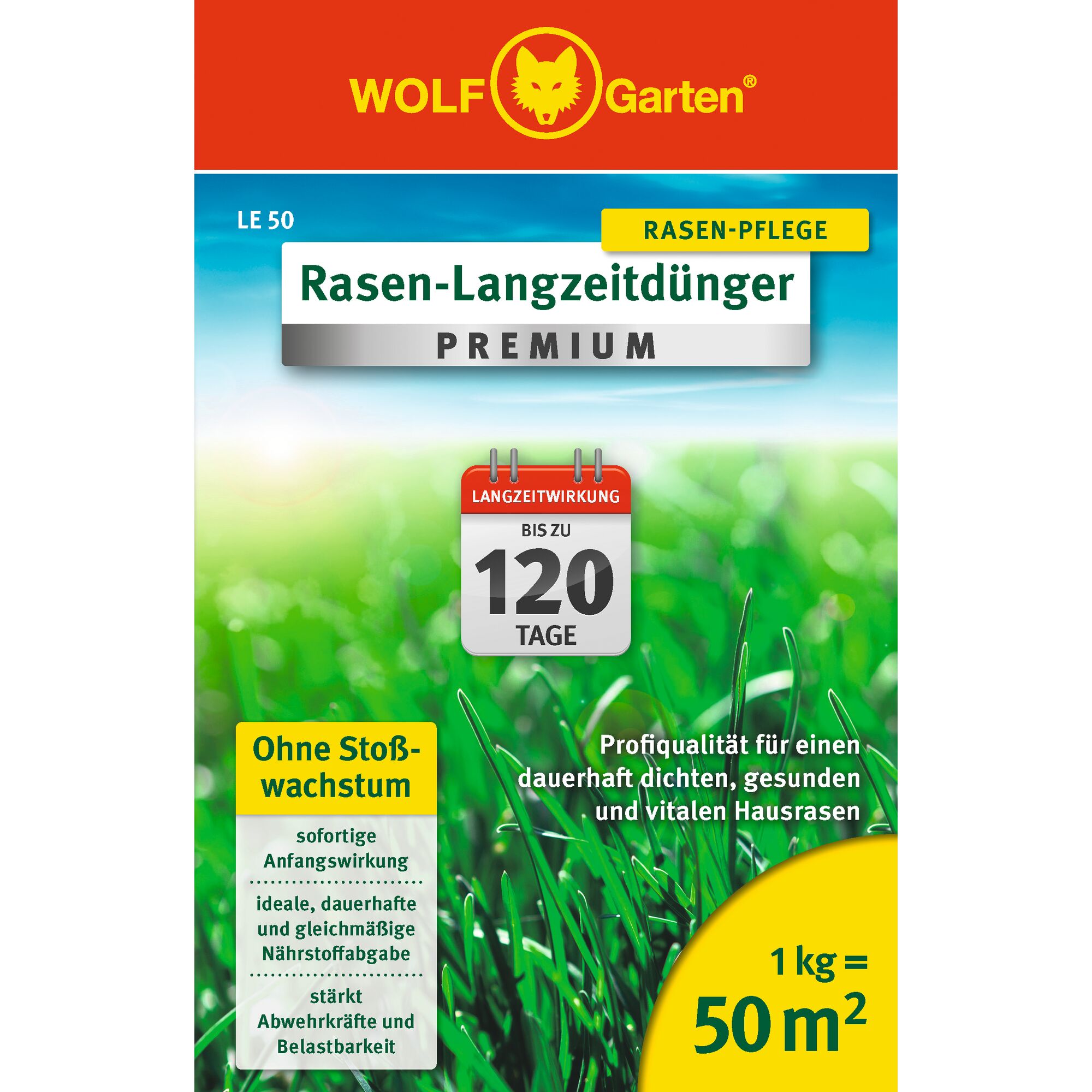 Front packaging of WOLF Garten Rasen-Langzeitdünger Premium lawn fertilizer. The packaging displays product details including 'Lawn Care', 'Long-term effect up to 120 days', '1 kg = 50 m²', and benefits such as steady nutrient delivery and professional quality for durable, healthy, and vital home lawns. The design features green grass imagery and a yellow wolf logo at the top.