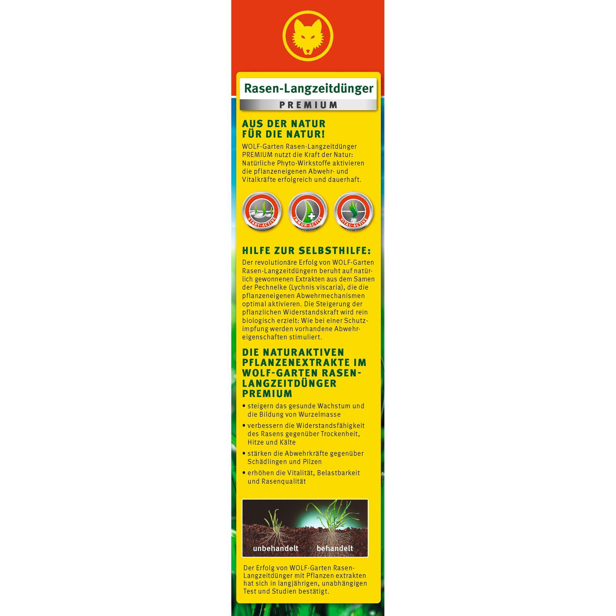 Tall, rectangular packaging for WOLF Garten Rasen-Langzeitdünger Premium lawn long-term fertilizer. The front side features the WOLF Garten logo at the top, a yellow and red color scheme, icons for eco-friendly, long-lasting, and strengthening properties, and German text describing natural plant extracts that boost lawn health, resilience, and quality. At the bottom, there is a comparison image of untreated and treated grass.