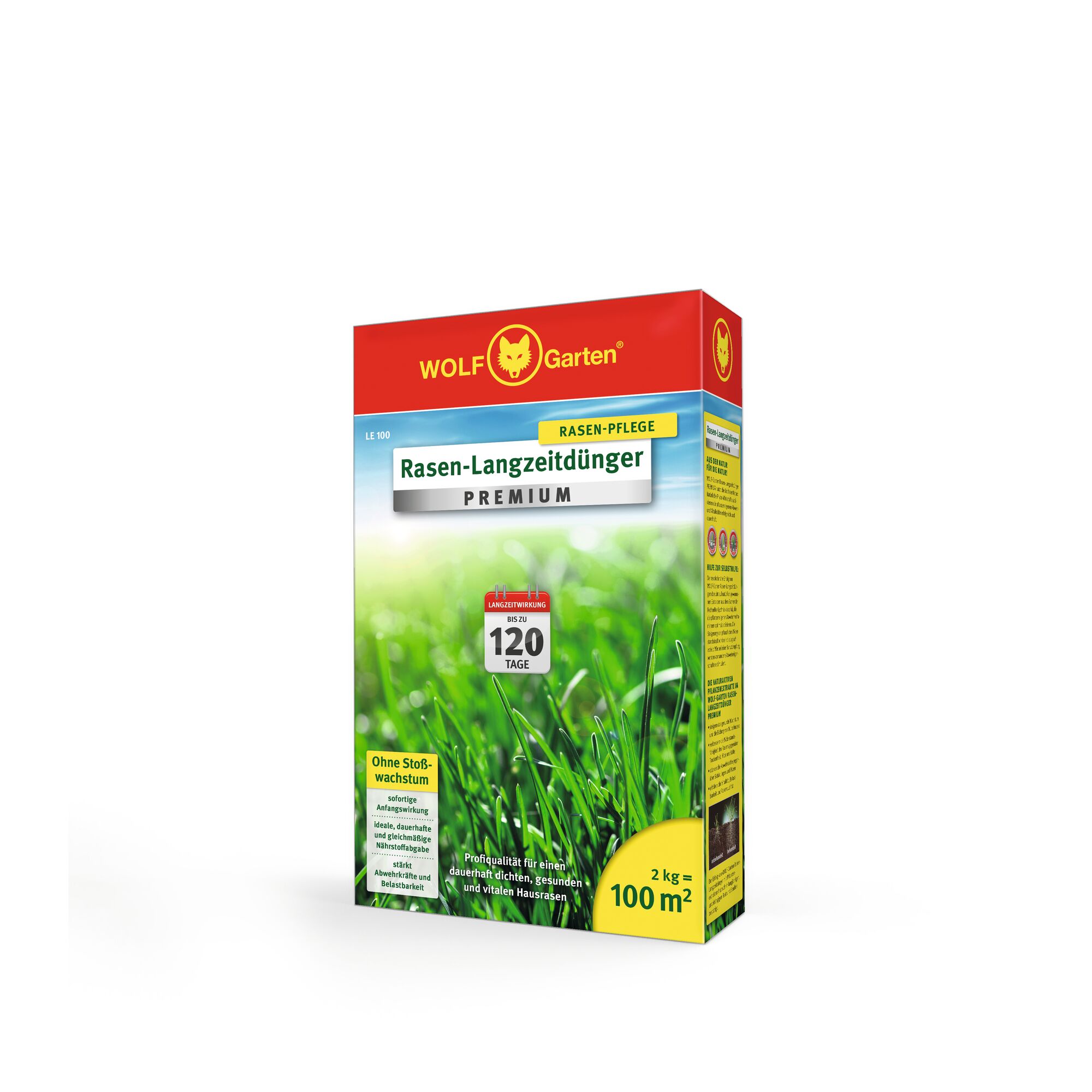 A box of WOLFGarten Rasen-Langzeitdünger Premium, a long-lasting lawn fertilizer. The packaging is red and yellow, features a green grass image, and indicates coverage of 100 square meters with 2 kg of product. The product claims to provide up to 120 days of effect and is designed for healthy, lush lawns.