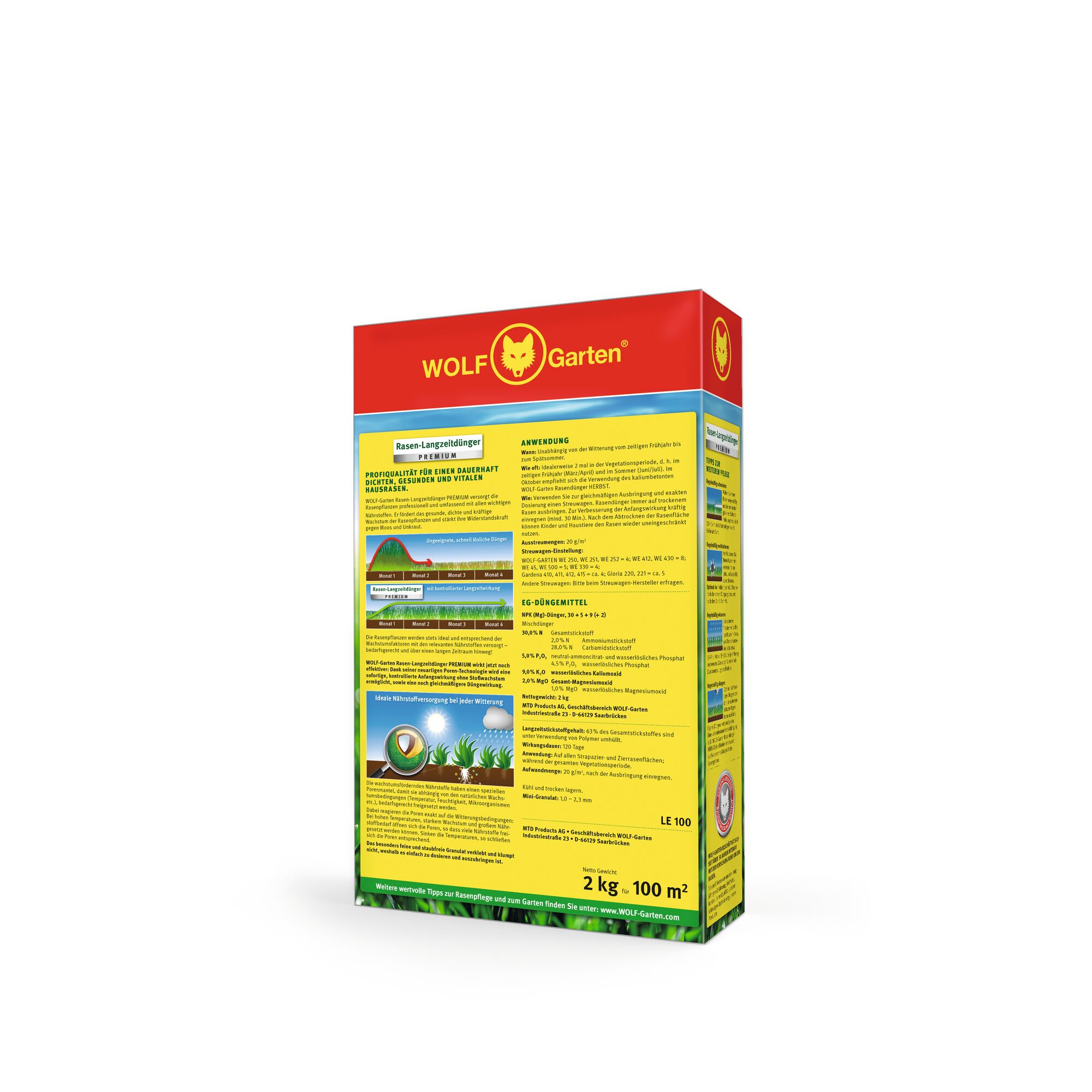 A rectangular box of WOLF Garten branded lawn fertilizer, featuring a red and yellow design with text and diagrams explaining usage and ingredients. The box displays instructions, application information, and coverage details for the product, which is intended for lawn care and fertilization. The package indicates a weight of 2 kg suitable for 100 square meters.