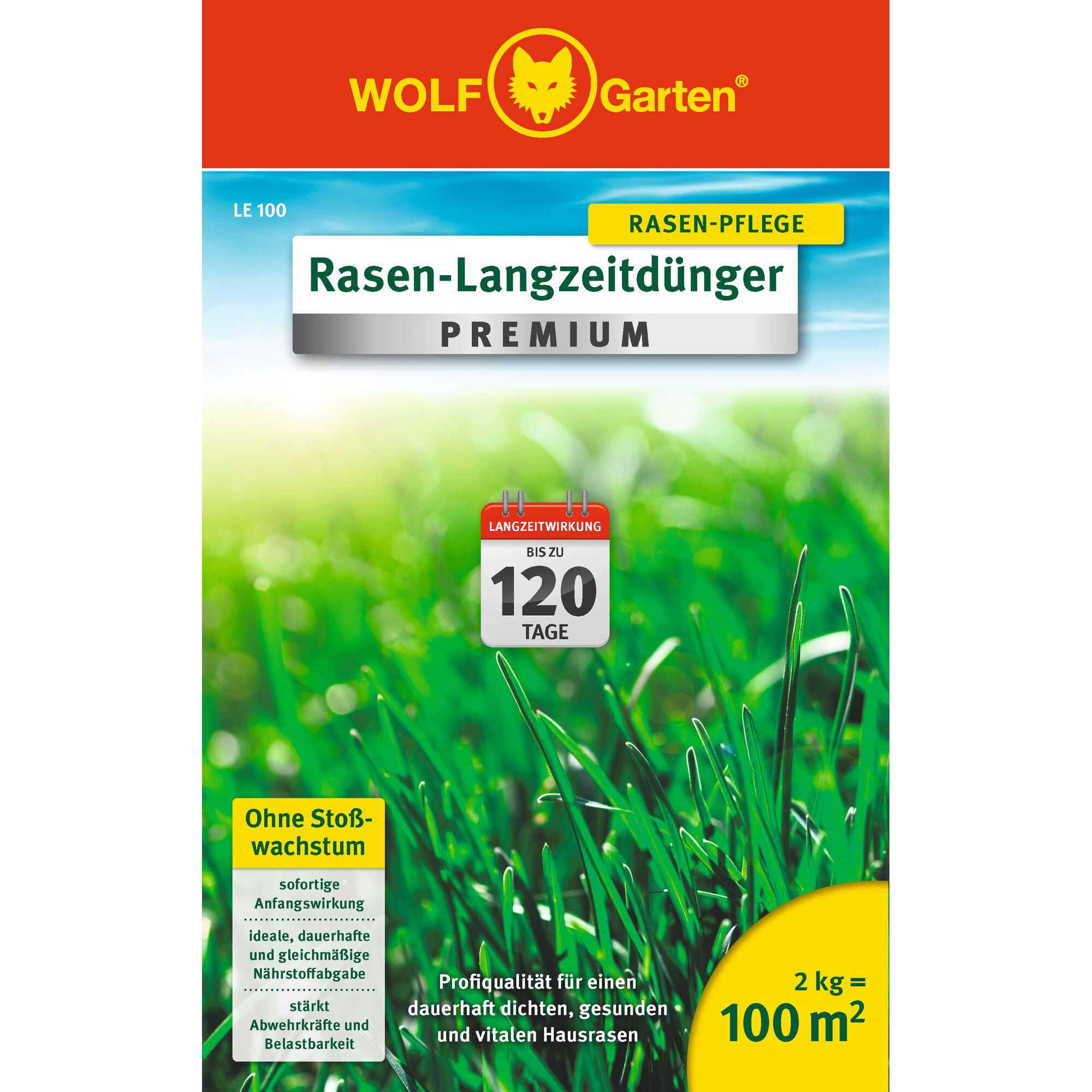 Front view of a WOLF-Garten Rasen-Langzeitdünger Premium lawn fertilizer package for 100 square meters. The pack shows vibrant green grass, product name, usage information, and features such as up to 120 days long-lasting effect, professional quality, and no sudden growth spurts.