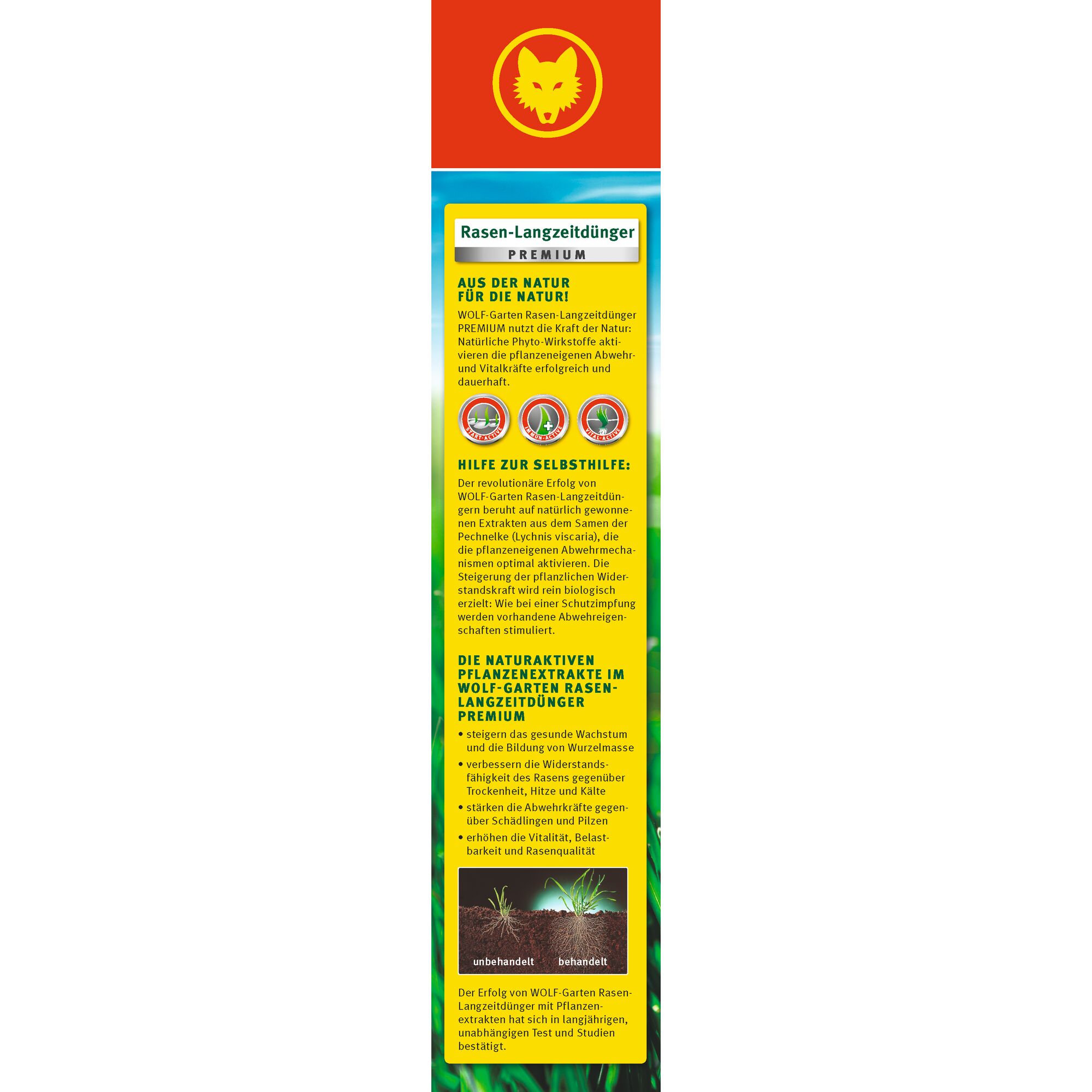 Tall rectangular packaging of WOLFGarten Rasen-Langzeitdünger Premium lawn fertilizer. The top features a red band with a yellow wolf logo. The main section has yellow and green background with German text explaining the benefits of the product, including its natural plant extracts and positive effects on lawn vitality and resistance. There are several round icons illustrating key features, and comparison images of untreated vs. treated grass at the bottom.