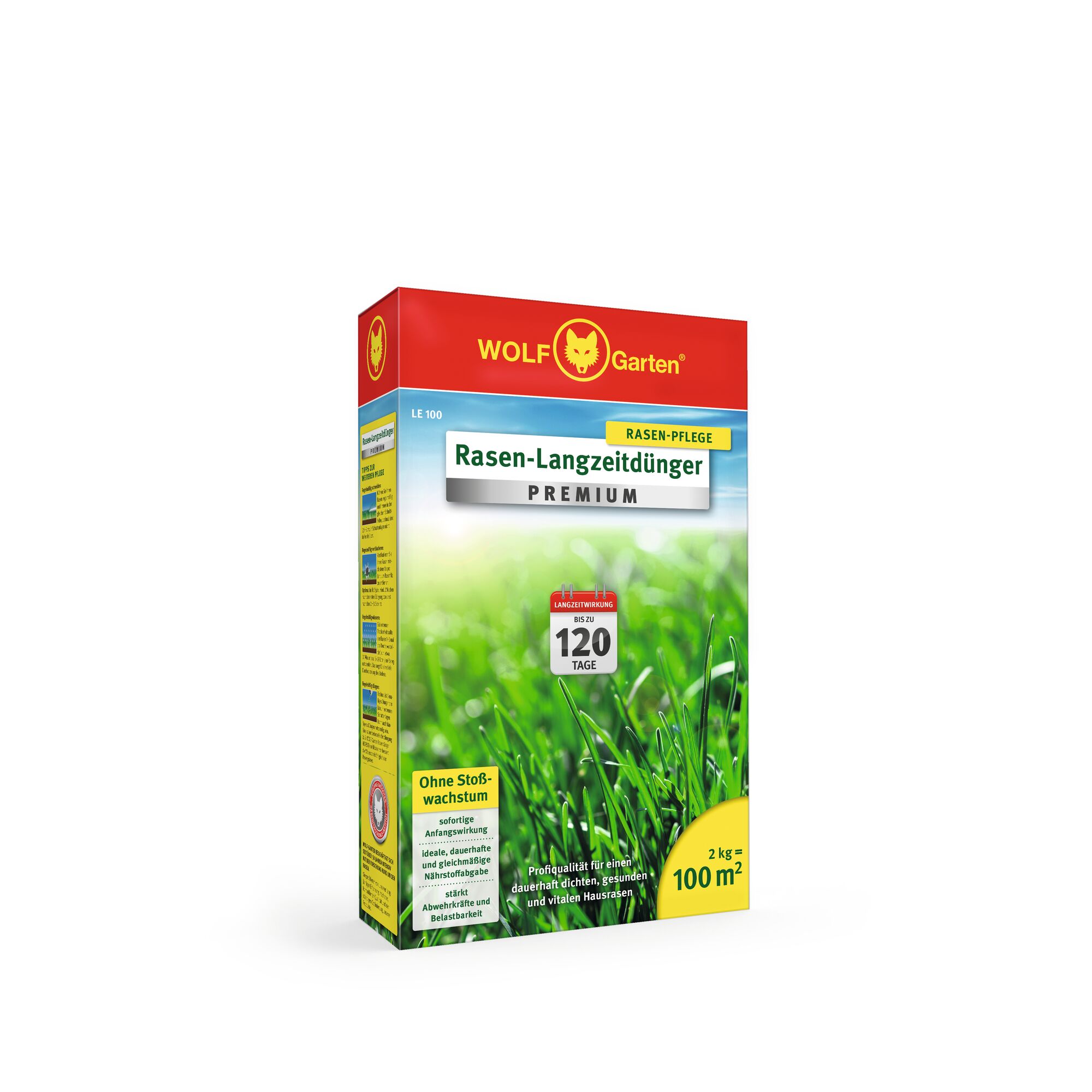 A box of WOLF-Garten Rasen-Langzeitdünger Premium lawn fertilizer, featuring a red and yellow top with the WOLF-Garten logo. The packaging shows green grass and includes information such as '120 days' long-lasting effect, suitable for 100 m², and includes product details in German.
