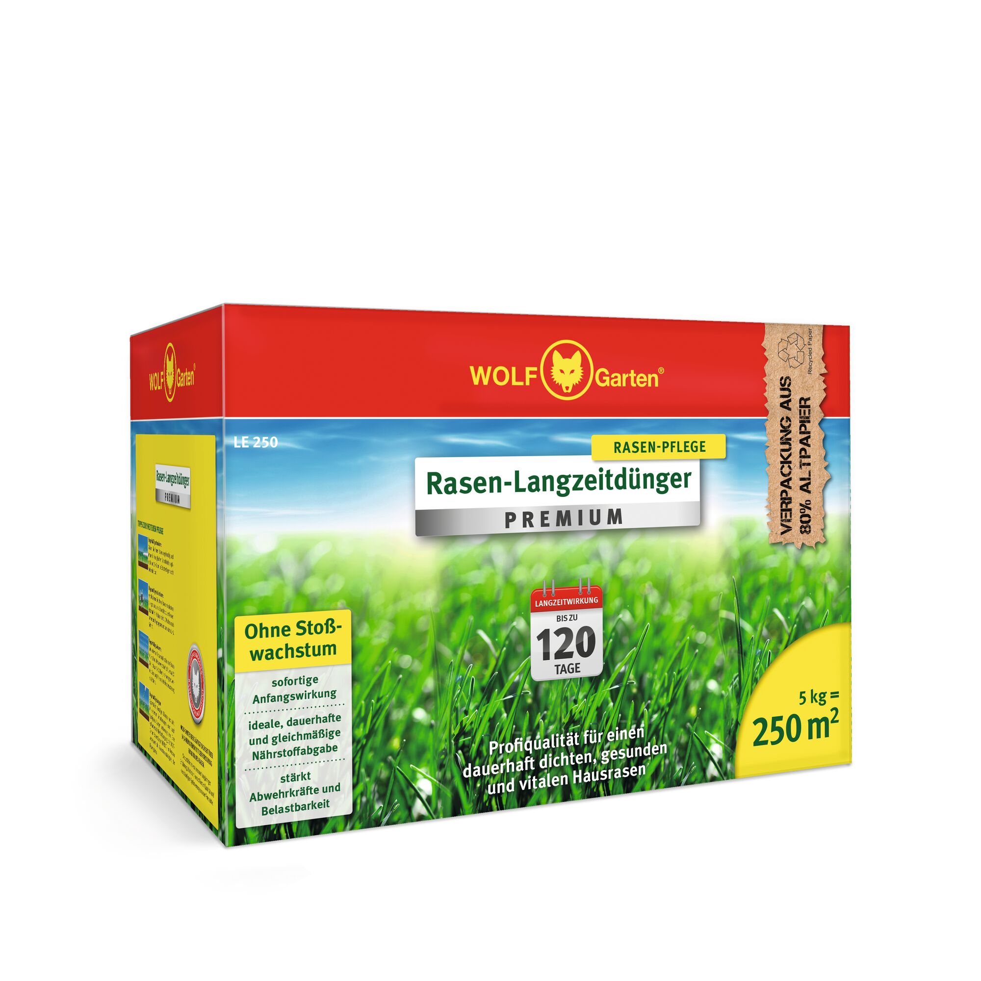 A box of WOLFGarten Rasen-Langzeitdünger Premium lawn fertilizer for up to 120 days, suitable for 250 square meters, weighing 5 kg. The packaging is red and yellow with images of green grass, includes information about lawn care, and is made with 80% recycled paper.