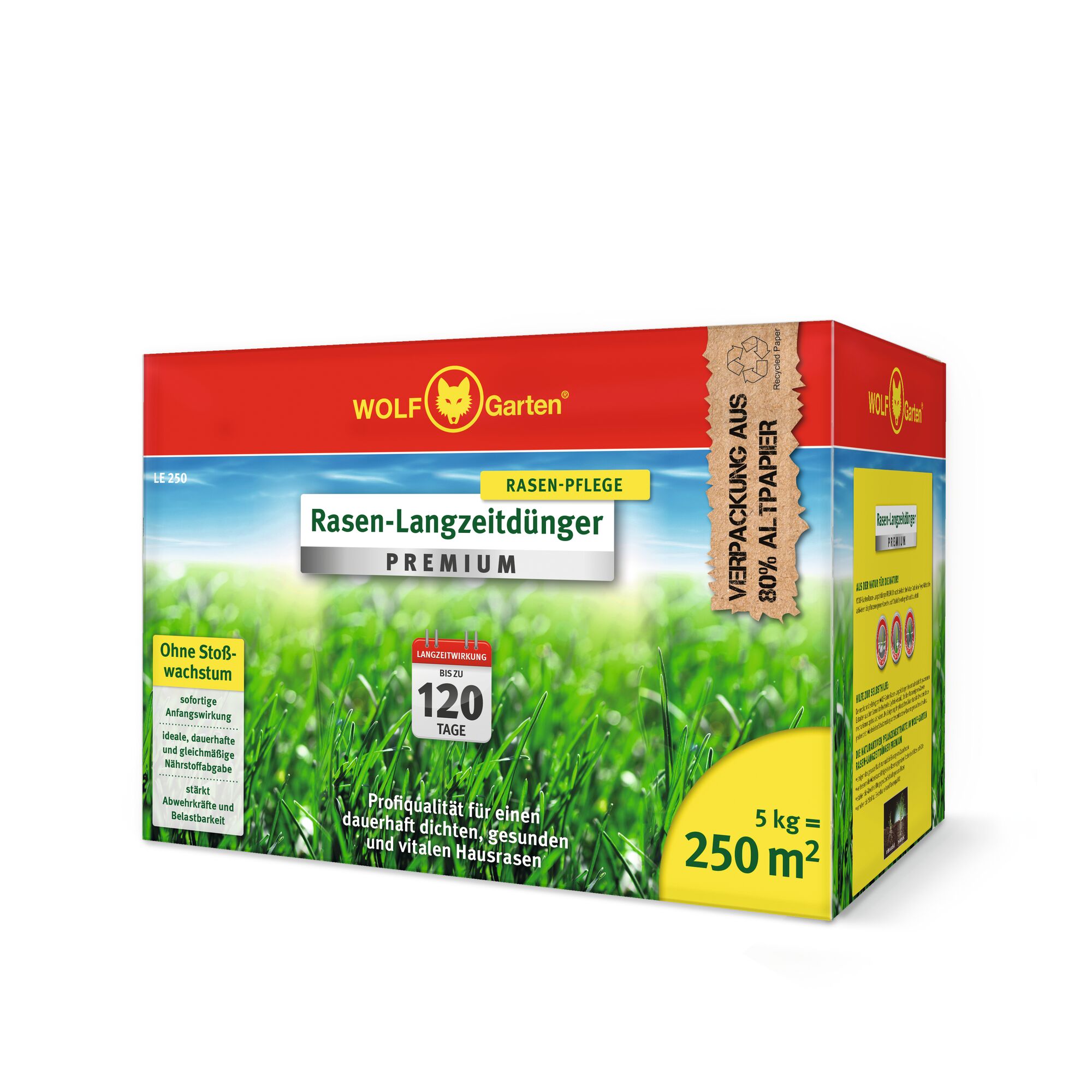 A rectangular box of WOLF-Garten lawn long-term fertilizer premium, with red, yellow, and green packaging. The box displays the brand logo and product name, along with information such as '120 days long-lasting effect,' '5 kg = 250 m²,' and 'packaging made from 80% recycled paper.' There are additional details about the premium quality and benefits written on the front.
