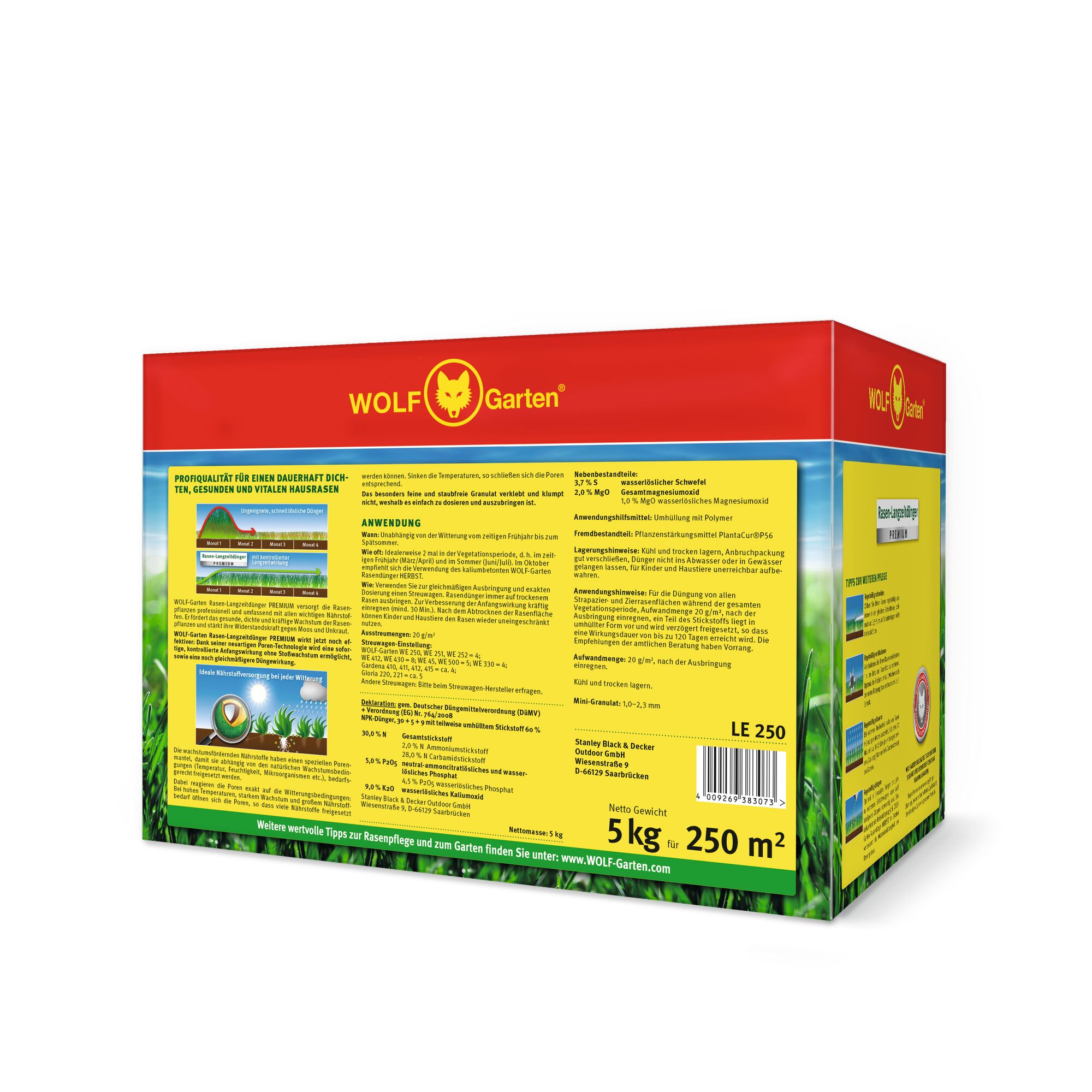 Rectangular box of WOLF Garten lawn fertilizer, primarily red and yellow in color, with detailed instructions and information in German, including usage directions and coverage capacity for 250 square meters. The package size is 5 kg.