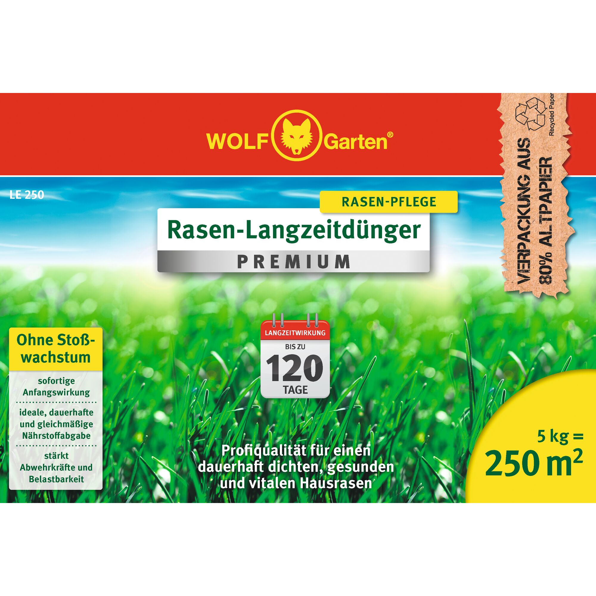 Product packaging for WOLFGarten Rasen-Langzeitdünger Premium, a long-lasting lawn fertilizer for professional quality home lawns. Main features include up to 120 days effectiveness, balanced nutrient release, supports dense and healthy grass, suitable for up to 250 m² with a 5 kg bag. The packaging is made from 80% recycled paper.