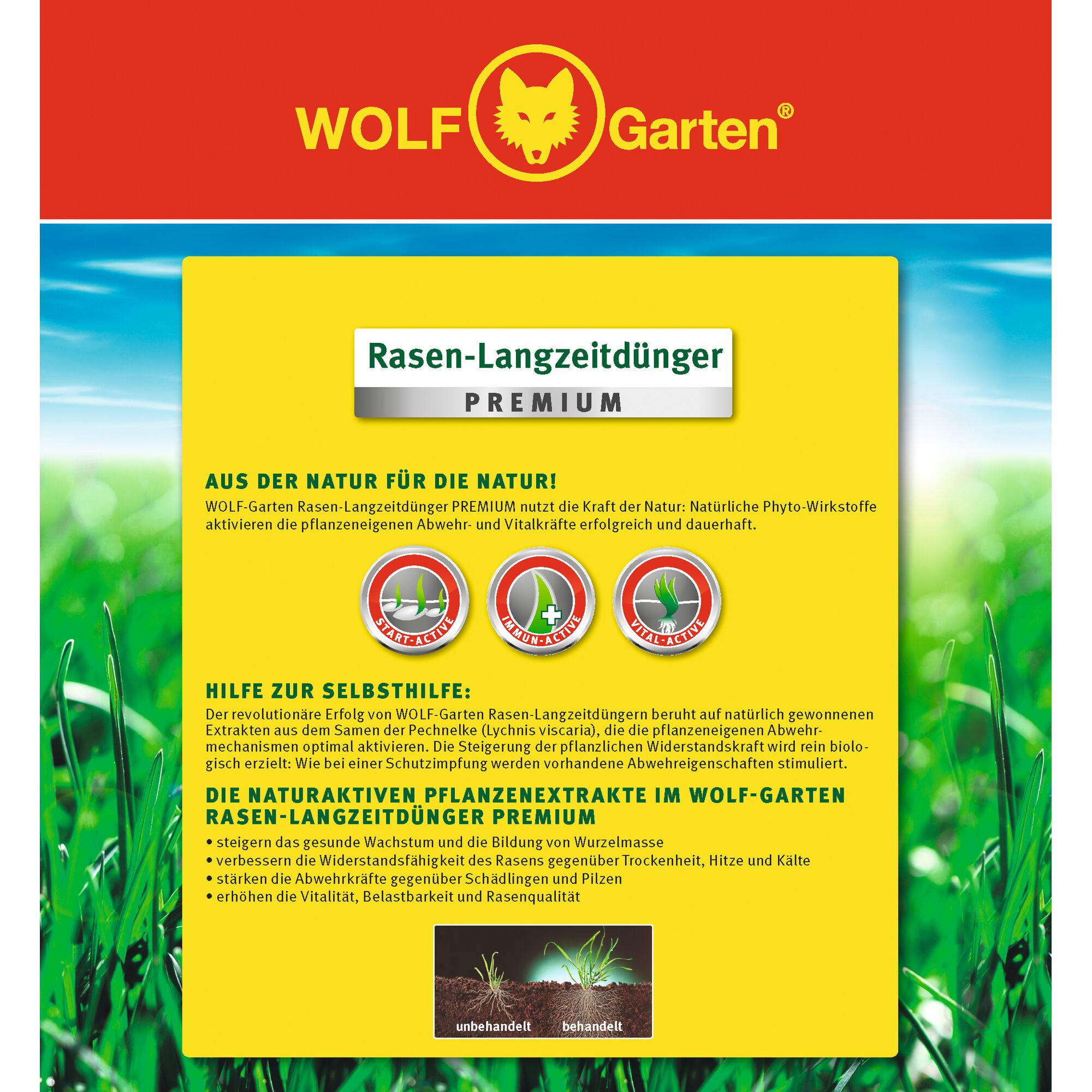 Packaging of WOLF-Garten Rasen-Langzeitdünger PREMIUM lawn fertilizer. The design features the WOLF-Garten logo at the top, with a yellow section highlighting product benefits, including natural plant extracts for healthy lawn growth and resistance to stress. Icons indicate vitality, health, and root activity. A comparison image of untreated versus treated lawn is shown at the bottom.