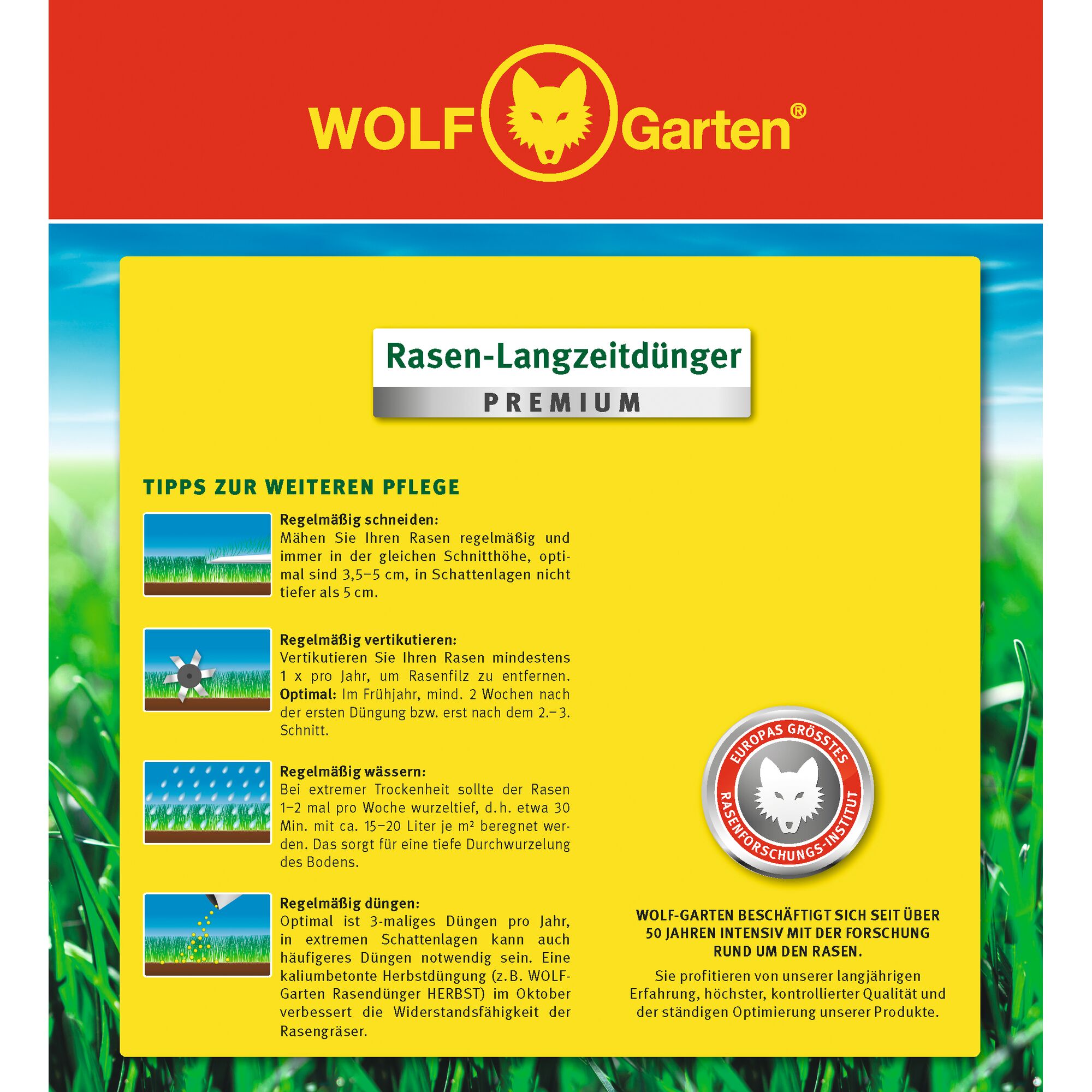 WOLFGarten Rasen-Langzeitdünger Premium product packaging. The image features a red and yellow background with the WOLF-Garten logo at the top. The packaging offers tips for lawn care including mowing, aerating, watering, and fertilizing, with illustrated icons for each step. There is a quality seal and a note about WOLF-Garten’s over 50 years of lawn research.