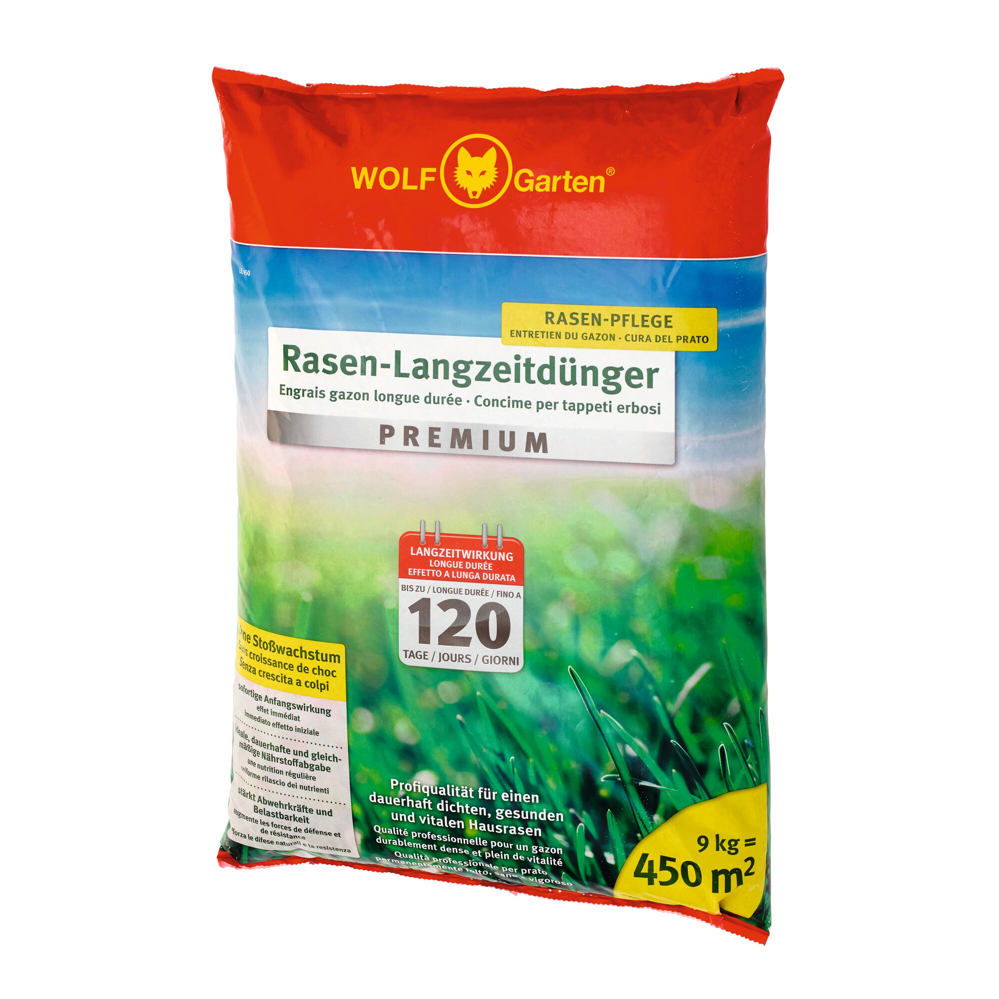 A bag of WOLFGarten Premium long-lasting lawn fertilizer, weighing 9 kg and suitable for 450 square meters. The package has a red, blue, and green design and mentions up to 120 days of effect for dense and healthy lawns.