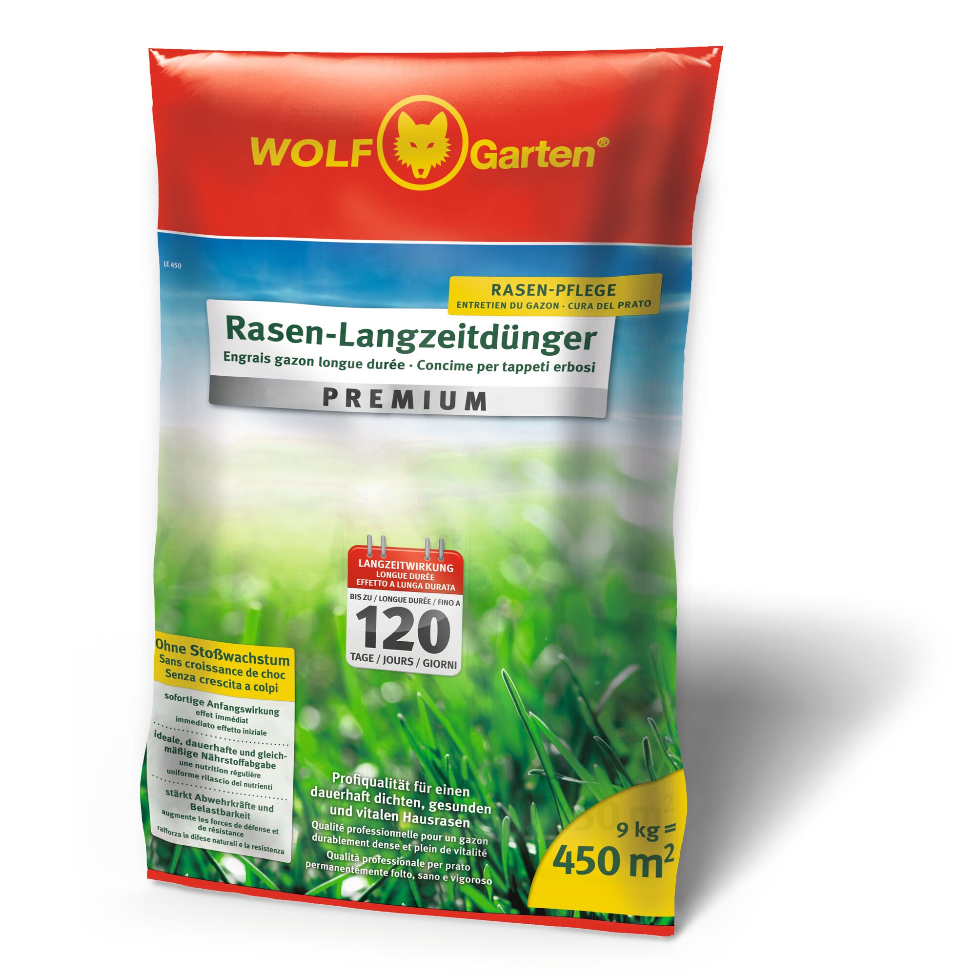 A bag of WOLF-Garten lawn care product, specifically a long-lasting premium lawn fertilizer designed for up to 120 days of effectiveness. The packaging is red and yellow with green and white accents, and features text in multiple languages. The bag weighs 9 kg, and covers 450 square meters.