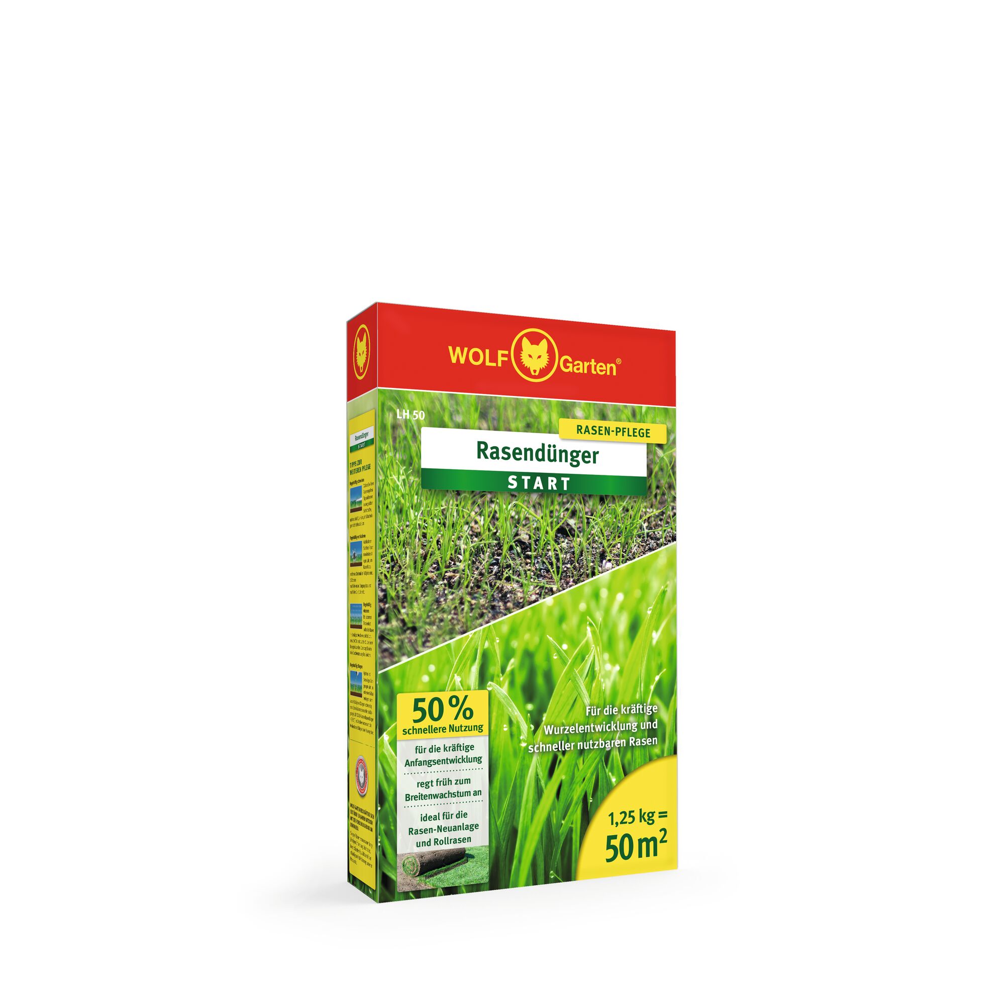 A box of WOLF-Garten lawn fertilizer, labeled 'Rasendünger START'. The packaging shows images of grass and provides information about faster lawn usage, strong root development, and suitability for new or rolled lawns. The box is red, yellow, and green and indicates coverage of 50 square meters with a weight of 1.25 kg.