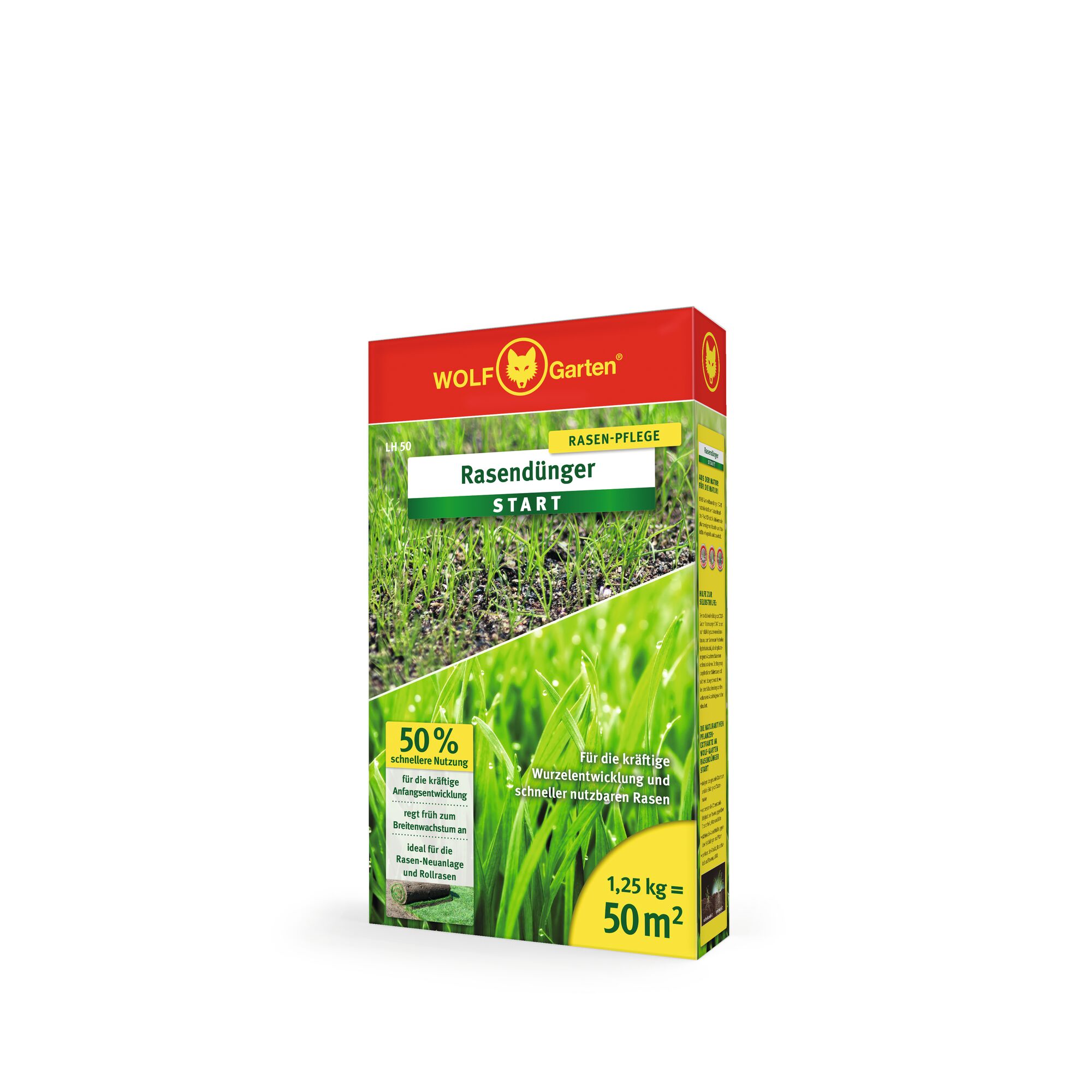 A box of WOLF-Garten lawn fertilizer, labeled 'Rasendünger Start' for lawn care. The packaging shows images of grass and contains information about usage, highlighting coverage for 50 square meters and a weight of 1.25 kg.