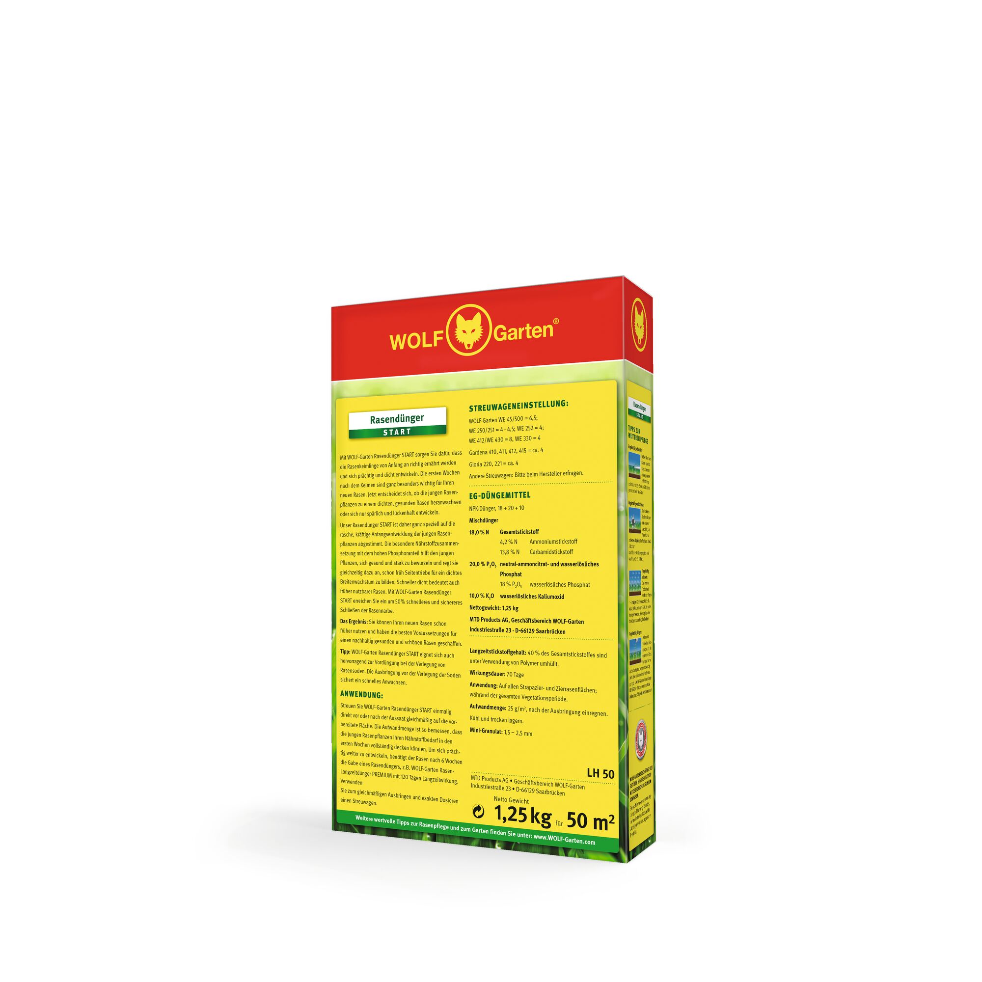 A box of WOLF Garten lawn fertilizer product, with a red and yellow design featuring the WOLF Garten logo. The packaging includes usage instructions and specifications in German, and indicates a weight of 1.25 kg suitable for 50 square meters.