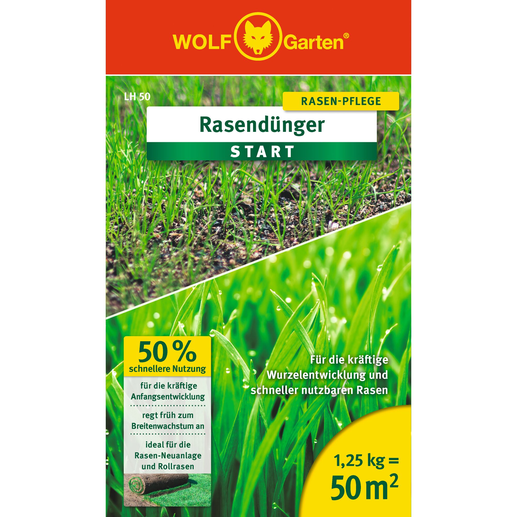 Packaging of WOLF Garten lawn fertilizer 'START', showing the brand logo at the top, product information, and images of healthy grass. Highlights include 50% faster use, strong root development, and suitable for new lawns and turf. The package covers 50 square meters with 1.25 kg.