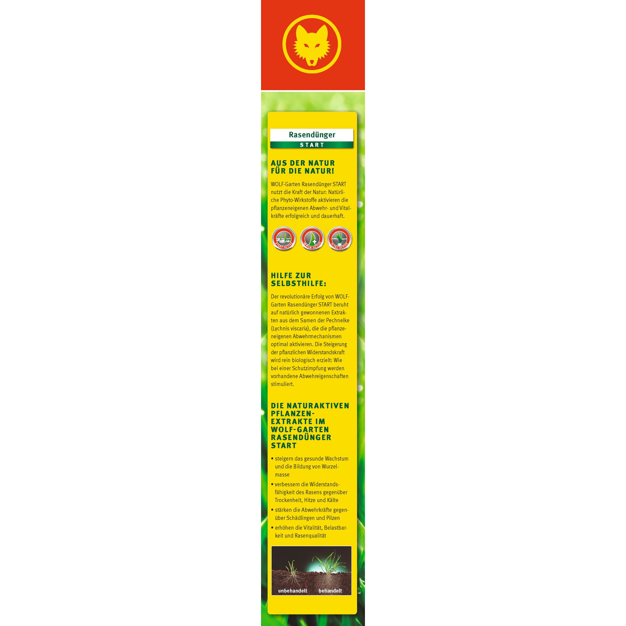 Vertical product packaging of WOLF-Garten Rasendünger START lawn fertilizer. The design features the WOLF-Garten logo at the top, followed by a green section with text in German explaining the natural benefits of the fertilizer, its plant-extract-based formulation, and visual icons. At the bottom, there is a comparison image showing treated and untreated grass.