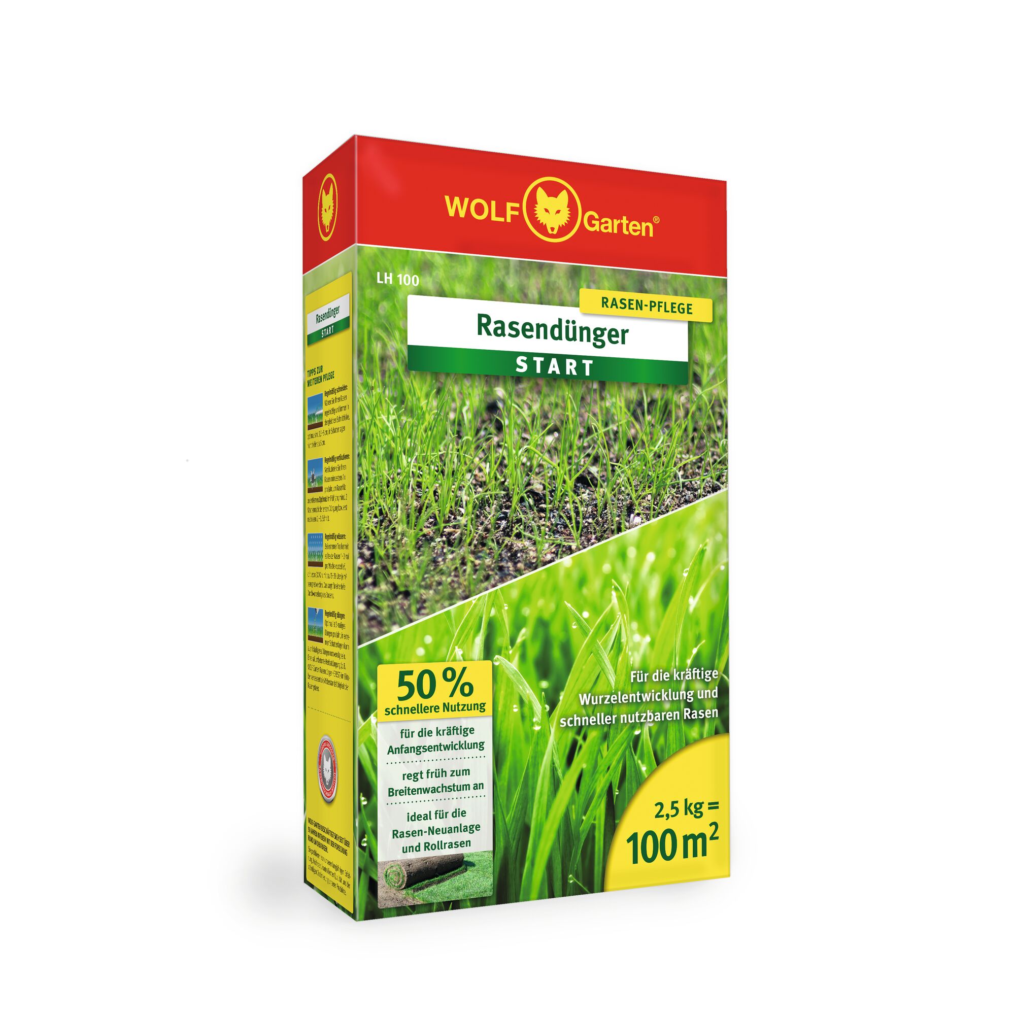 A box of WOLF-Garten lawn fertilizer 'Rasendünger START' with yellow and green design, labeled for 2.5 kg covering 100 square meters. Features images of young green grass, and product information highlighting faster usage and strong root development.