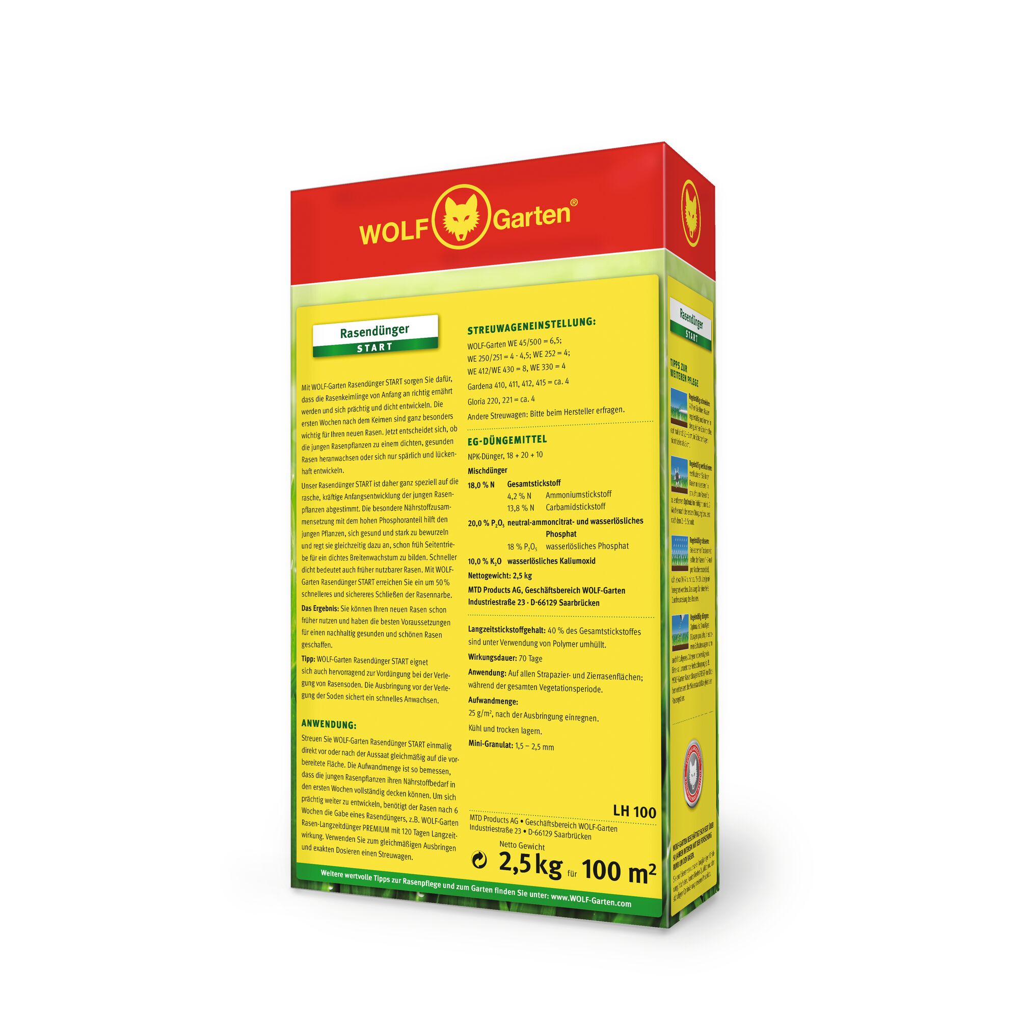 A box of WOLF-Garten lawn fertilizer START (Rasendünger START), intended for new lawn planting and care. The packaging is predominantly yellow with red and green accents, featuring detailed instructions, composition, and application information in German. The product covers an area up to 100 m² and weighs 2.5 kg.