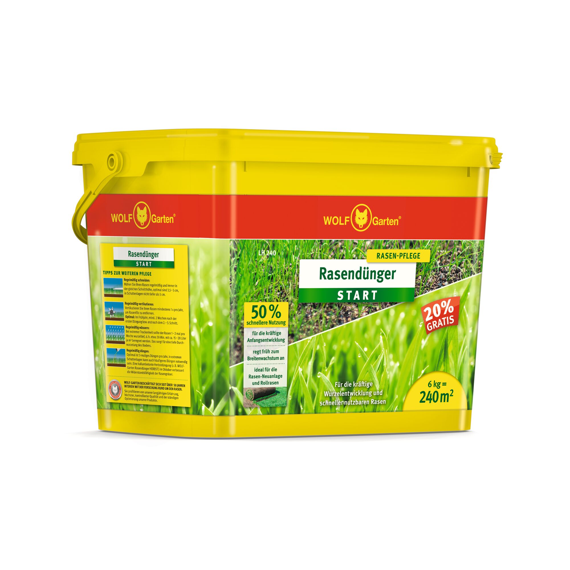 A yellow plastic container of WOLF-Garten lawn fertilizer with red and green labeling. The front shows details about the product, including 'Rasendünger START', the coverage area, and usage information. The packaging features images of green grass and product highlights such as 50% faster usage and 20% extra free.
