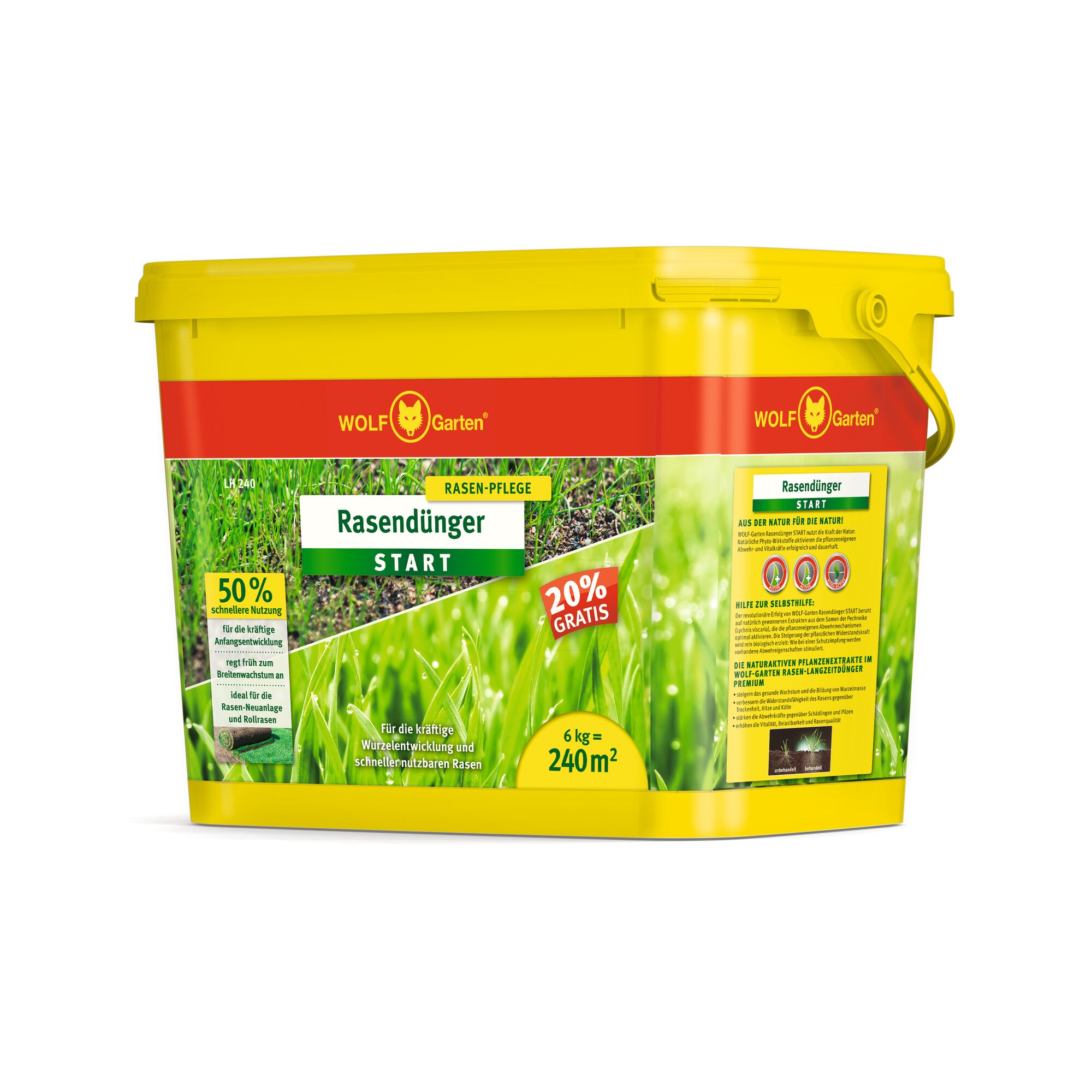 A yellow plastic container of WOLF Garten Rasendünger START lawn fertilizer, with red and green labeling, showing product details such as 20% extra free, suitable for areas up to 240 square meters, and information about rapid use, root development, and nutrient content.