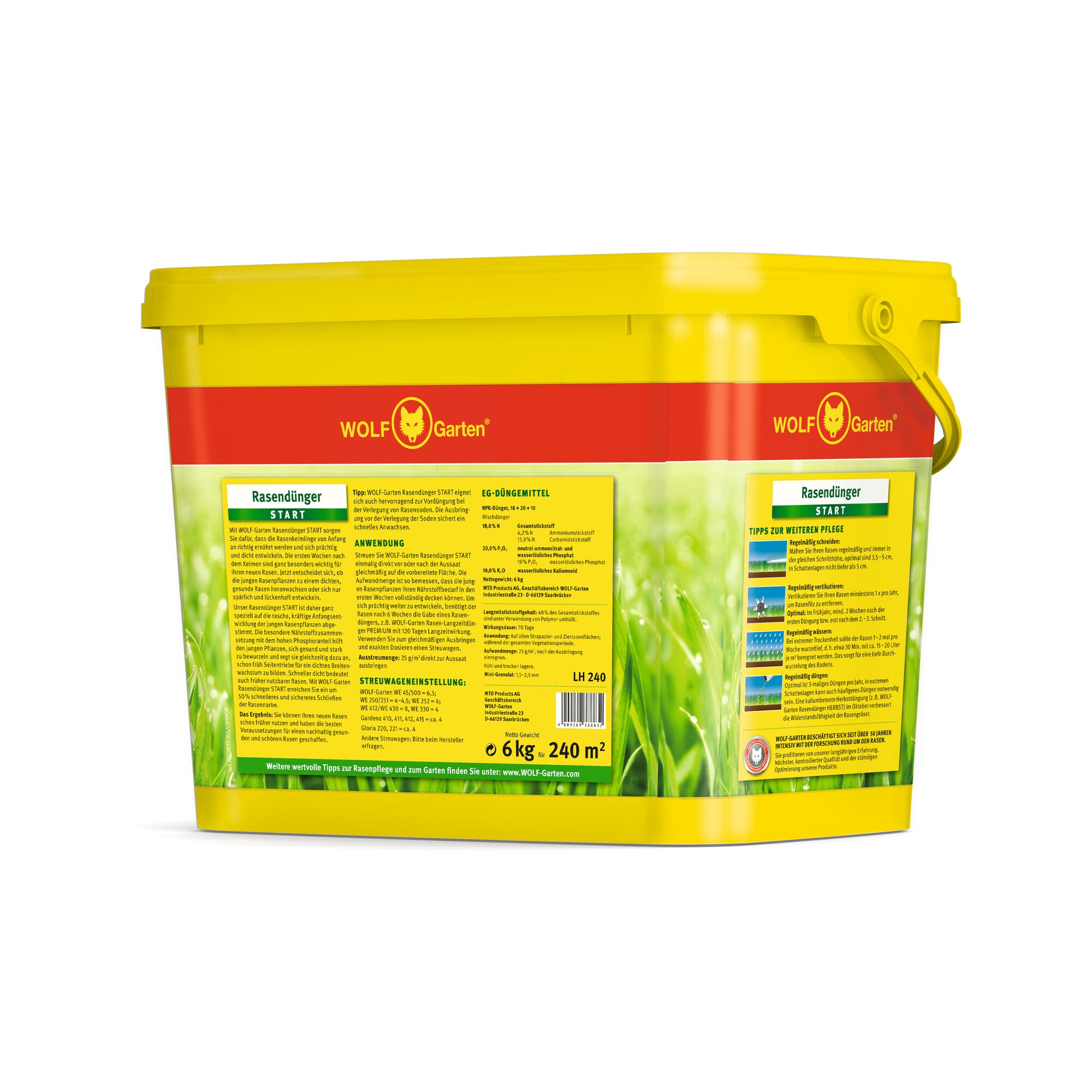 A yellow and red container of WOLF-Garten Rasendünger START lawn fertilizer, 6 kg, suitable for 240 square meters. The packaging features detailed information and instructions in German, and an image of green grass.