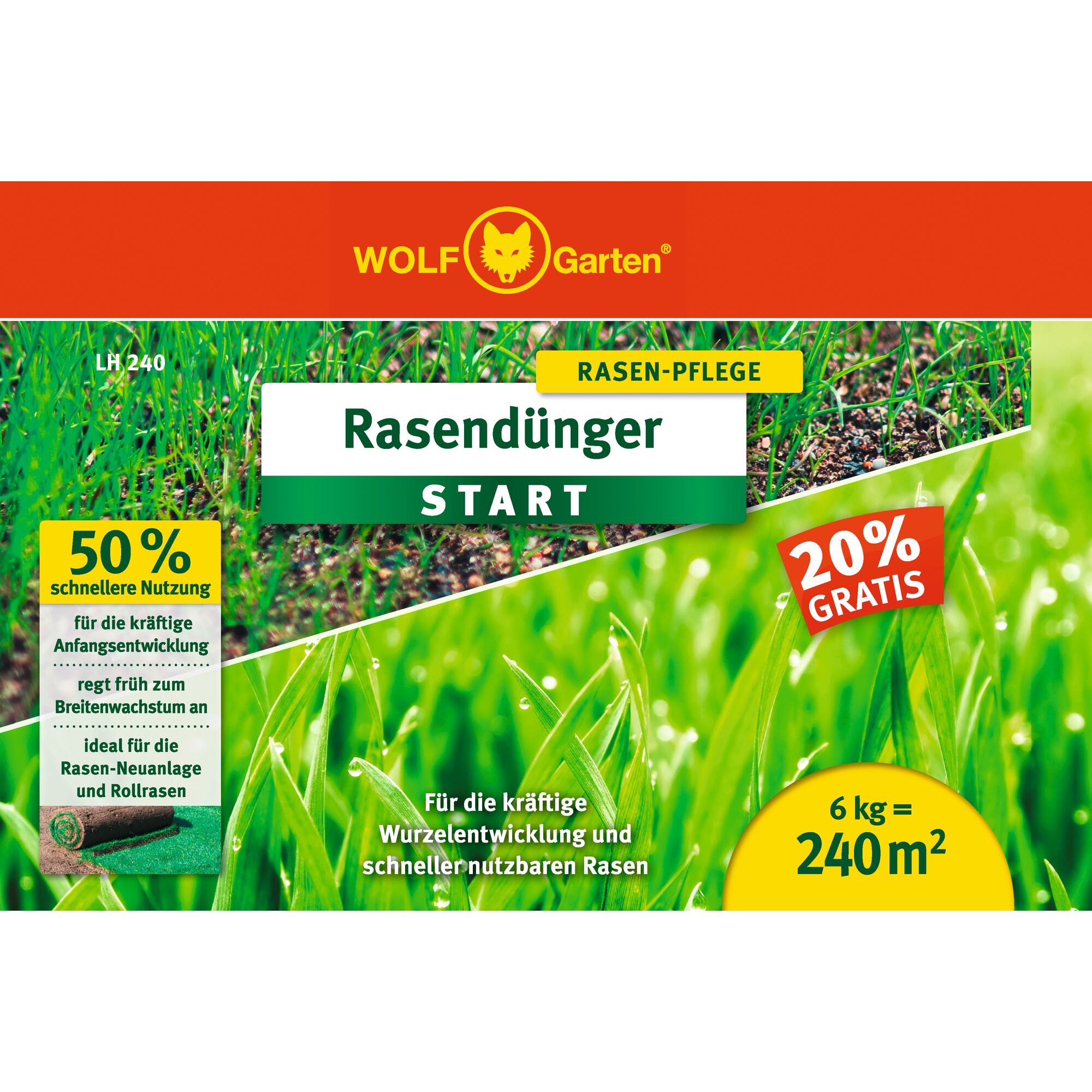Packaging of WOLF-Garten lawn fertilizer 'START', with a red and yellow header, images of grass, and various text highlights: 50% faster use, 20% free, suitable for 240 square meters, promotes root growth and early lawn usability.
