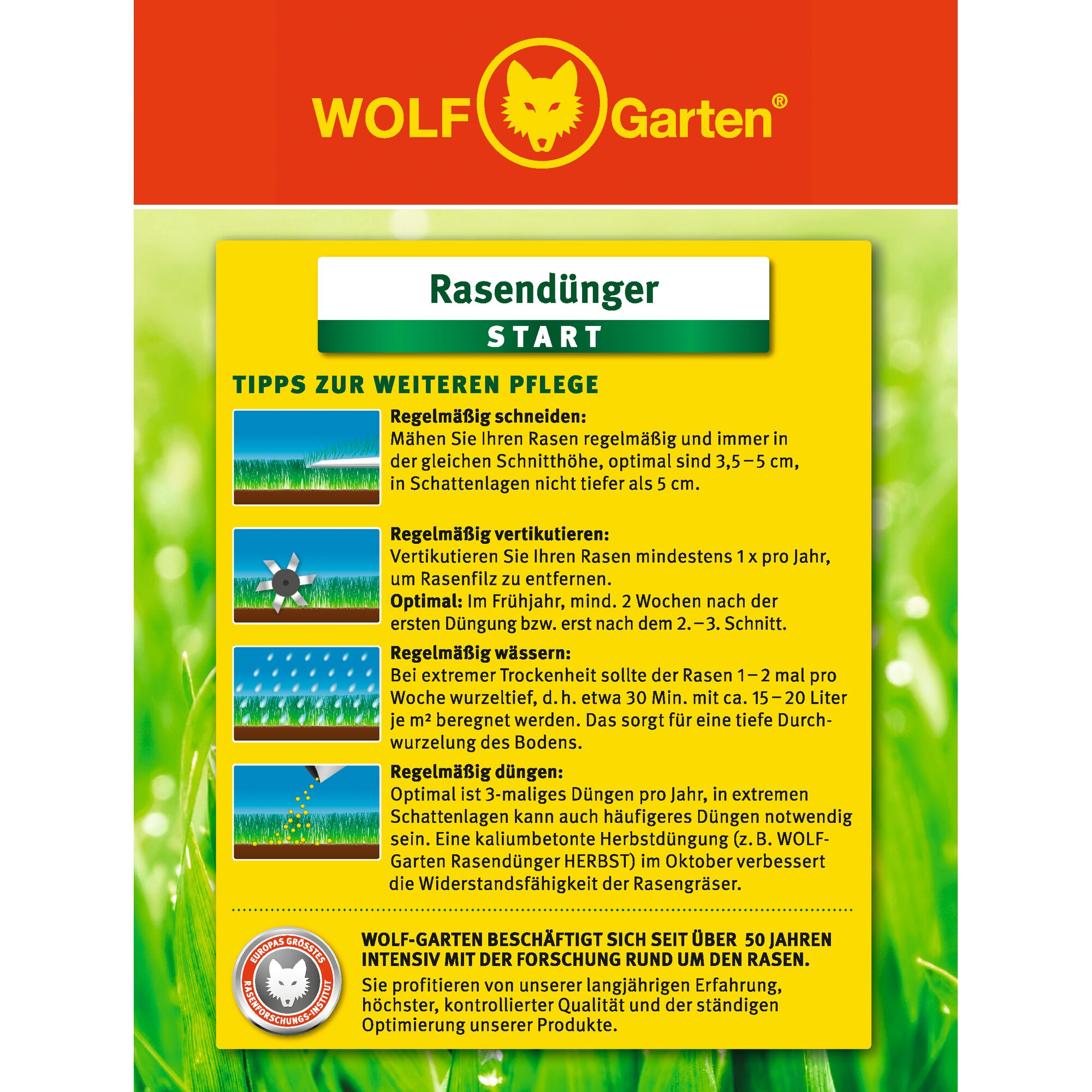Front packaging of WOLF Garten Rasendünger START lawn fertilizer. The package features the WOLF Garten logo with a wolf head, yellow and red background, and detailed care tips for lawn including regular mowing, verticutting, watering, and fertilizing. Instructions and advice are written in German. Bottom section highlights over 50 years of research in lawn care by WOLF-Garten.