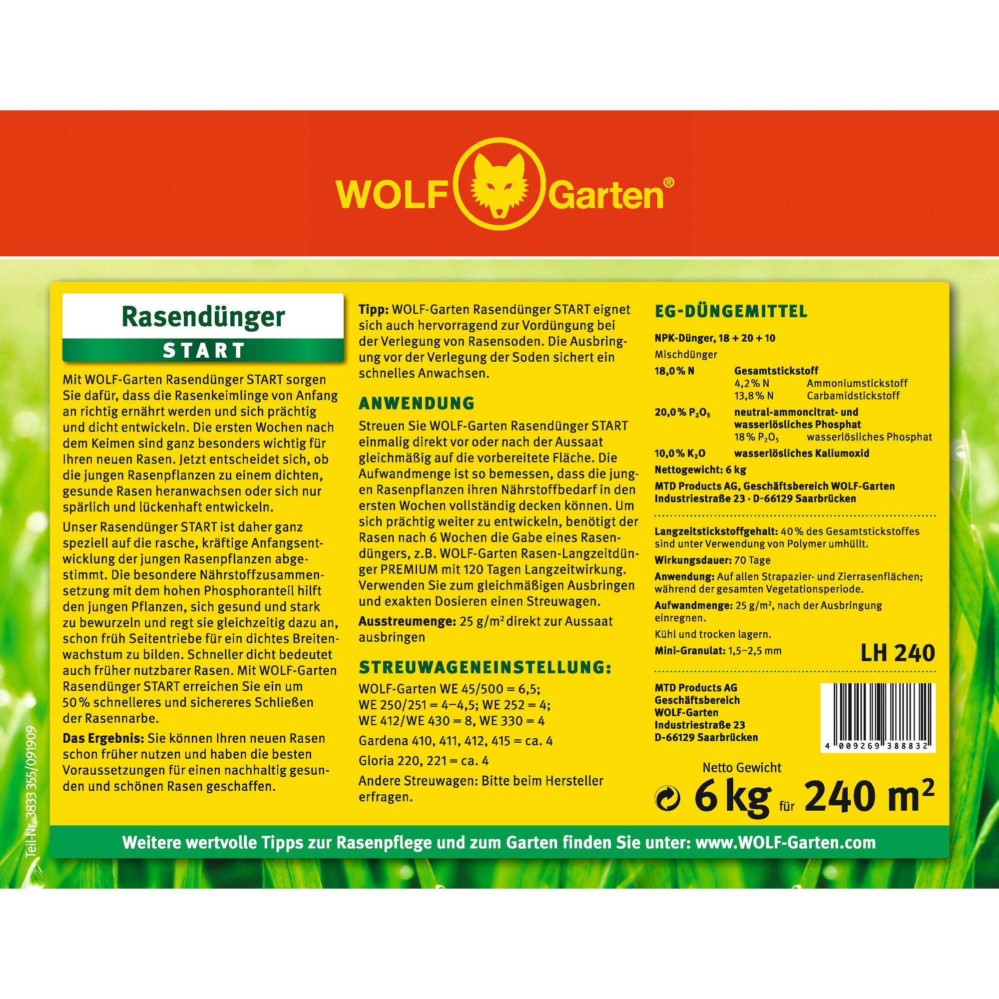 Packaging of WOLF-Garten Rasendünger START lawn fertilizer, showing product information in German including usage instructions, ingredients, dosage, and coverage (6 kg for 240 square meters). The packaging is primarily yellow and green with the WOLF-Garten logo and text describing its suitability for young grass and sod installation.