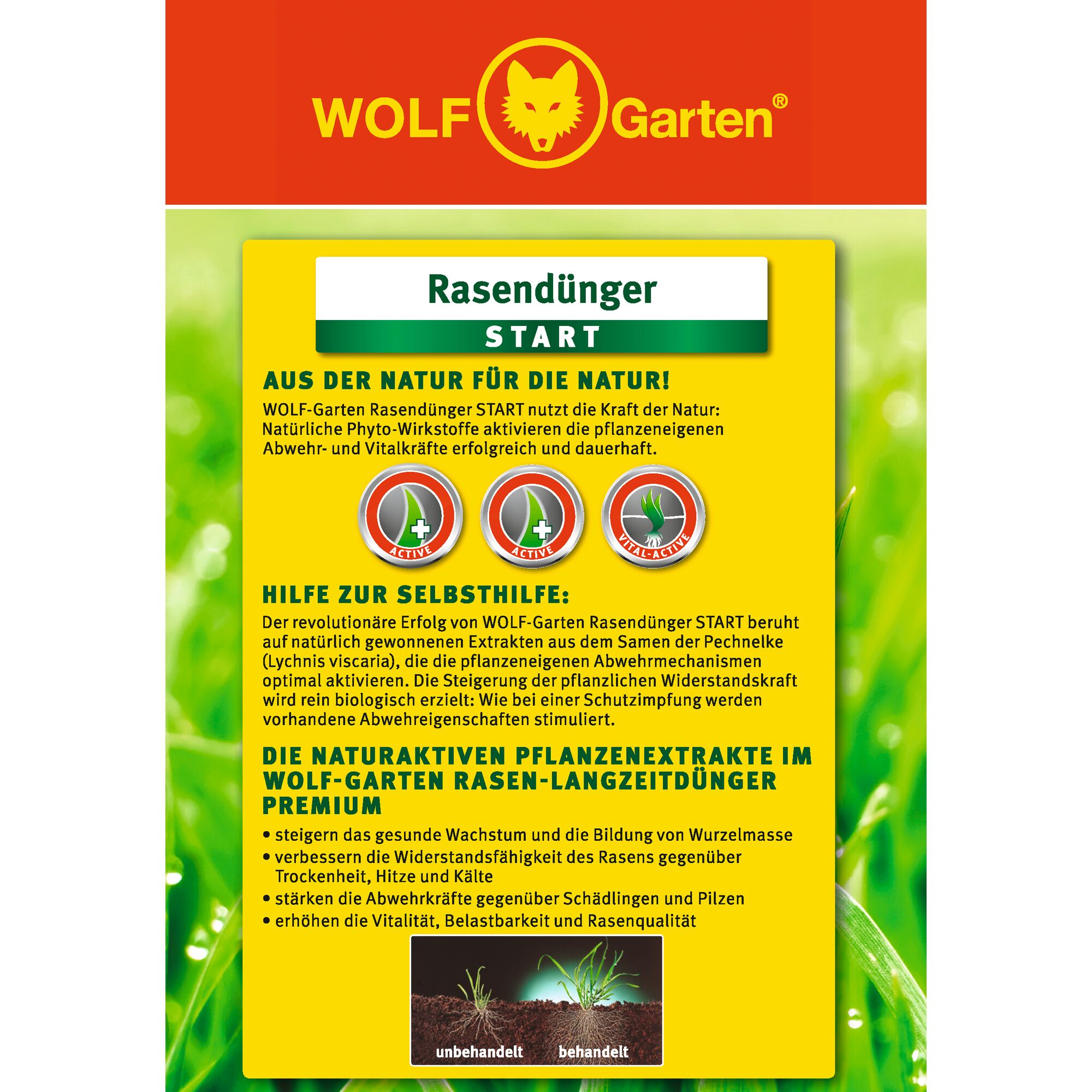 Front label of WOLF-Garten Rasendünger START lawn fertilizer packaging. The design features the WOLF-Garten logo at the top, followed by product information in German describing natural plant extracts and benefits for lawn health, vitality, and resistance. Icons show active ingredients and effects. Text highlights features such as improved root growth, tolerance to drought, heat, and cold, as well as increased resistance to pests and fungi. Small comparison image at the bottom shows untreated vs. treated lawn.