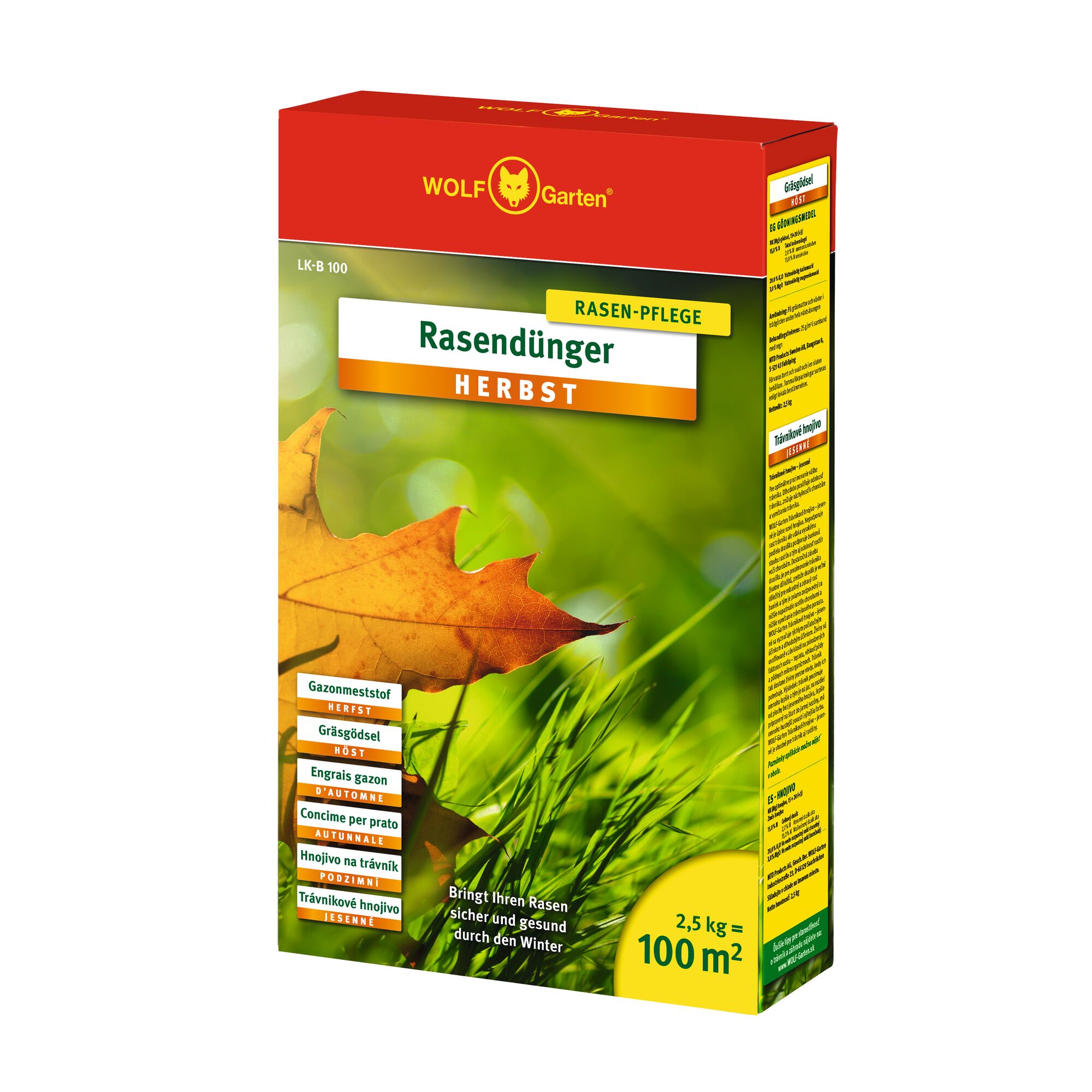 A box of WOLF-Garten autumn lawn fertilizer, showing a green and yellow design with a leaf and grass image. The packaging displays the product name 'Rasendünger HERBST', suitable for 100 square meters with a weight of 2.5 kg.