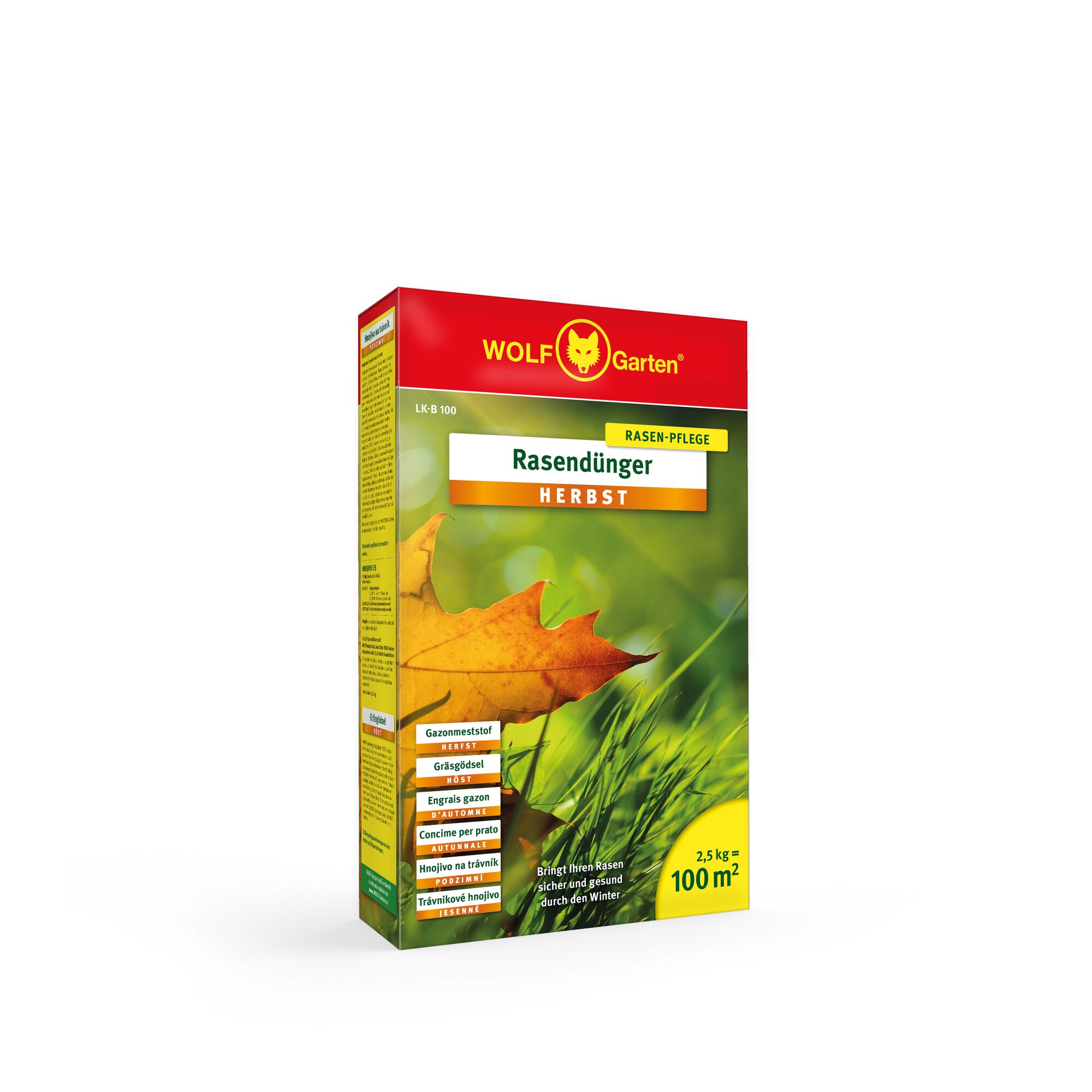 A box of WOLF Garten lawn fertilizer for autumn, featuring a red and yellow top with leafy and grass imagery. The packaging indicates coverage for 100 square meters and contains 2.5 kg of product.